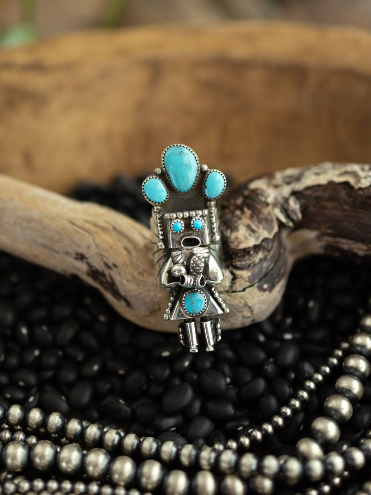 The Kachina Ring, 5 Sz 8-Rings-Calli Co., Turquoise and Silver Jewelry, Native American Handmade, Zuni Tribe, Navajo Tribe, Brock Texas