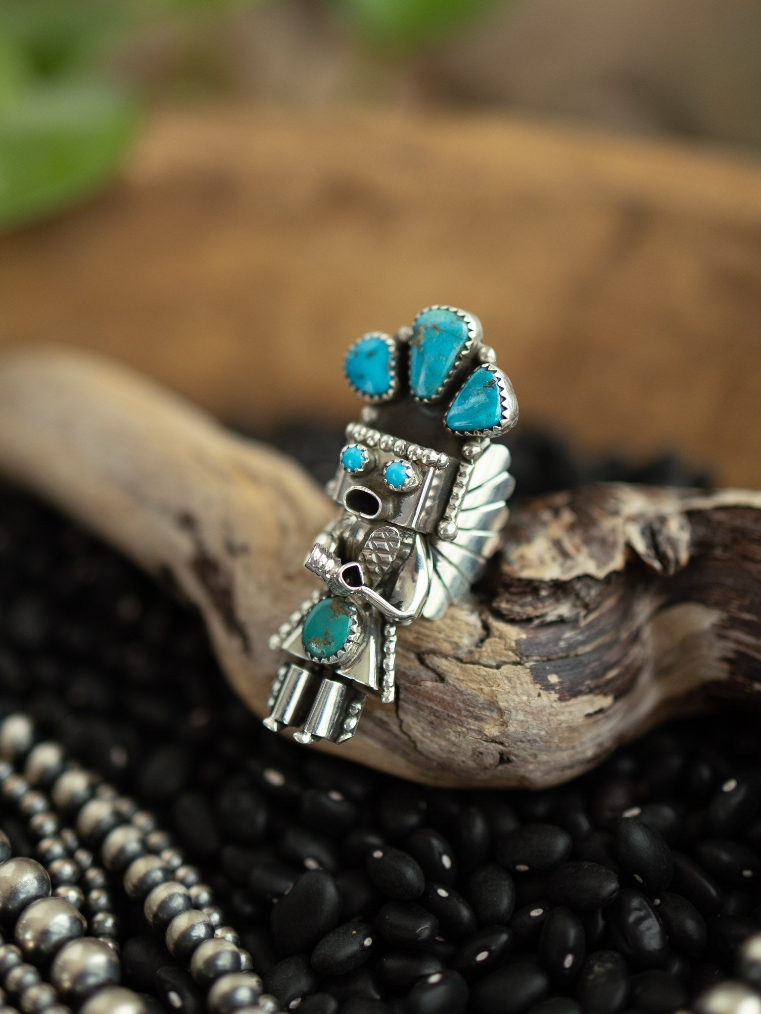 The Kachina Ring, 8 Sz 7.5-Rings-Calli Co., Turquoise and Silver Jewelry, Native American Handmade, Zuni Tribe, Navajo Tribe, Brock Texas