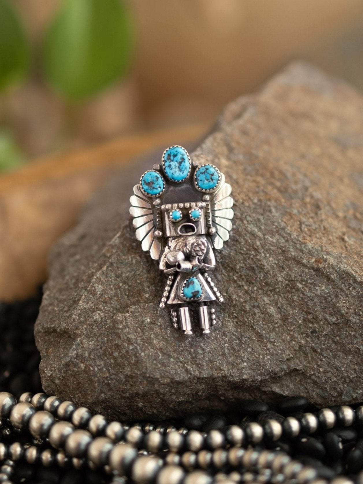 The Kachina Pendant/Pin in Turquoise, 4-Pendants-Calli Co., Turquoise and Silver Jewelry, Native American Handmade, Zuni Tribe, Navajo Tribe, Brock Texas
