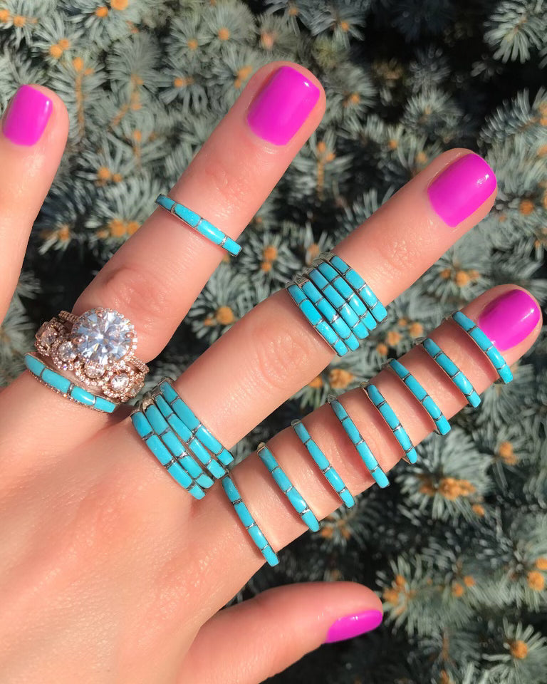 The Classic Blue Inlay Rings-Rings-Calli Co., Turquoise and Silver Jewelry, Native American Handmade, Zuni Tribe, Navajo Tribe, Brock Texas