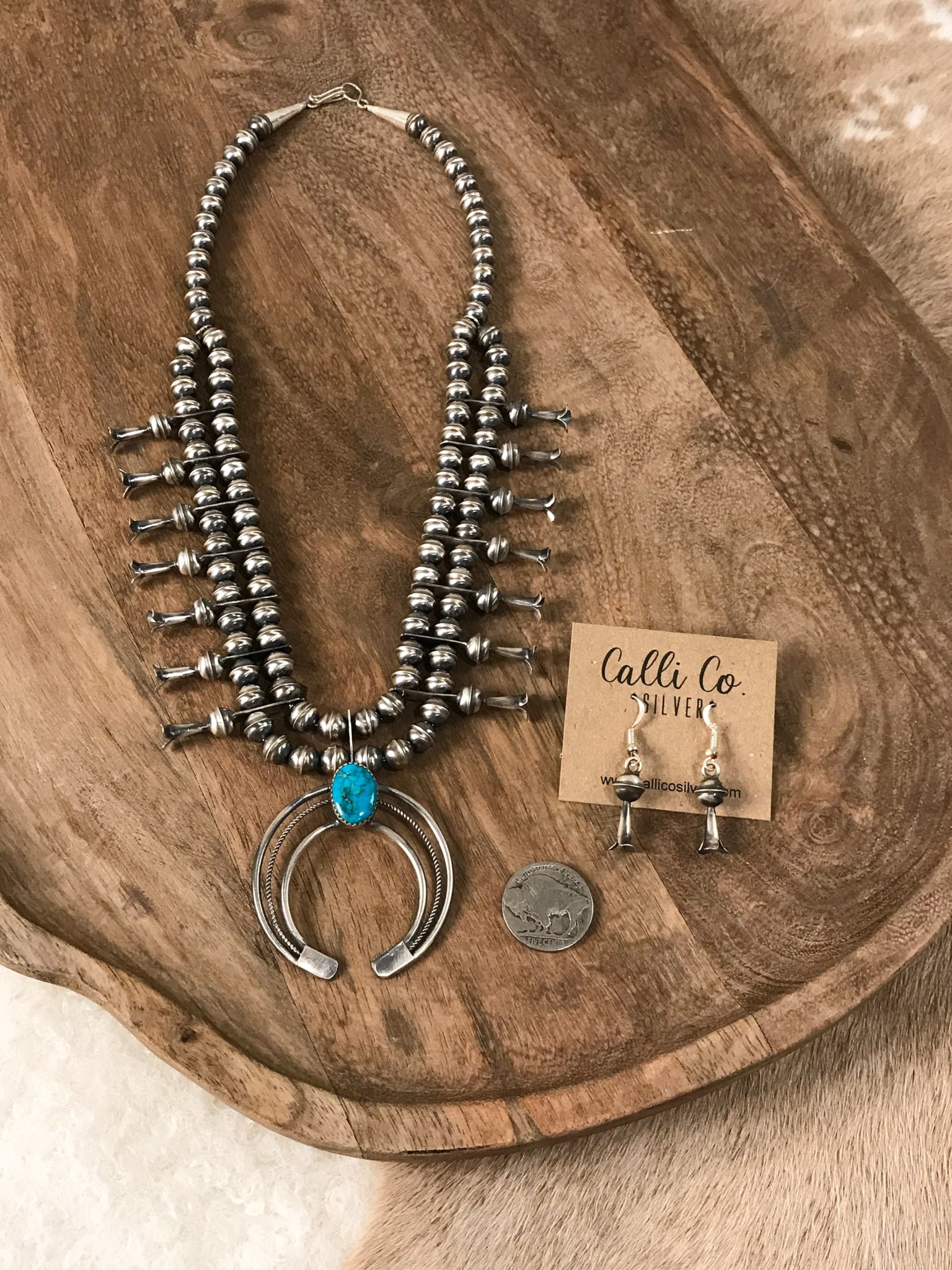 The Samba Squash Blossom Necklace Set-Necklaces-Calli Co., Turquoise and Silver Jewelry, Native American Handmade, Zuni Tribe, Navajo Tribe, Brock Texas