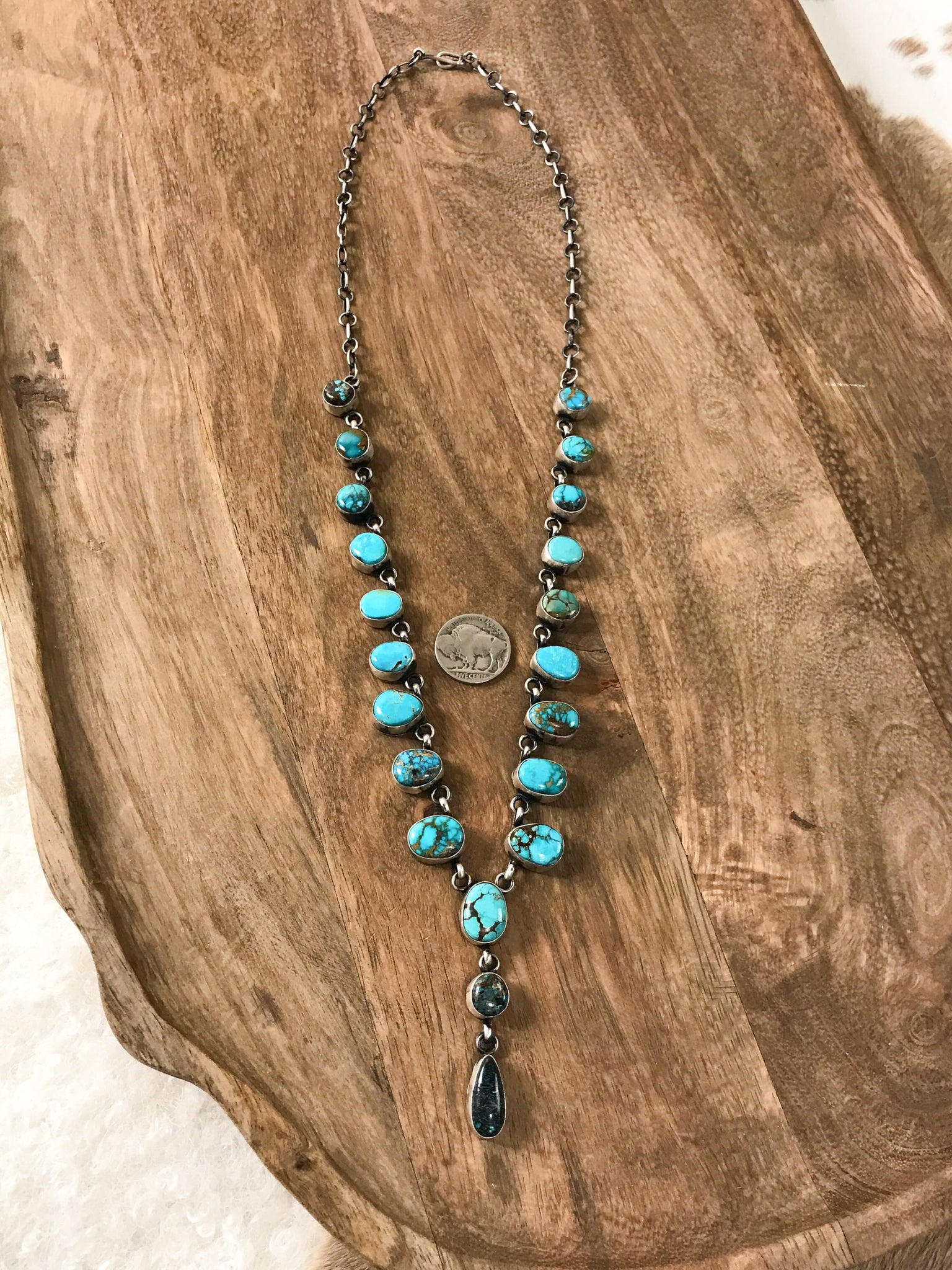 The Beau Turquoise Lariat Necklace Set-Necklaces-Calli Co., Turquoise and Silver Jewelry, Native American Handmade, Zuni Tribe, Navajo Tribe, Brock Texas