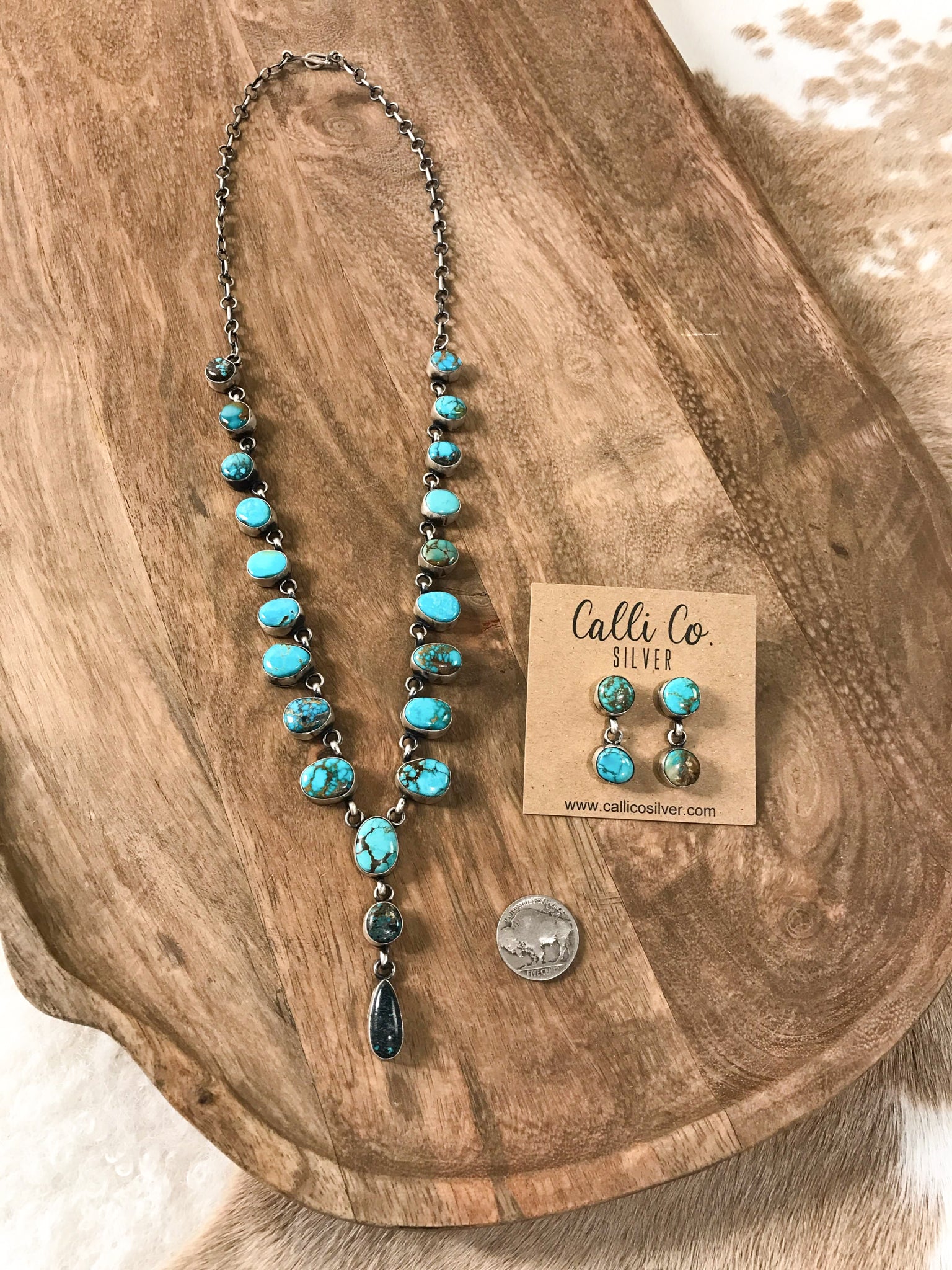 The Beau Turquoise Lariat Necklace Set-Necklaces-Calli Co., Turquoise and Silver Jewelry, Native American Handmade, Zuni Tribe, Navajo Tribe, Brock Texas