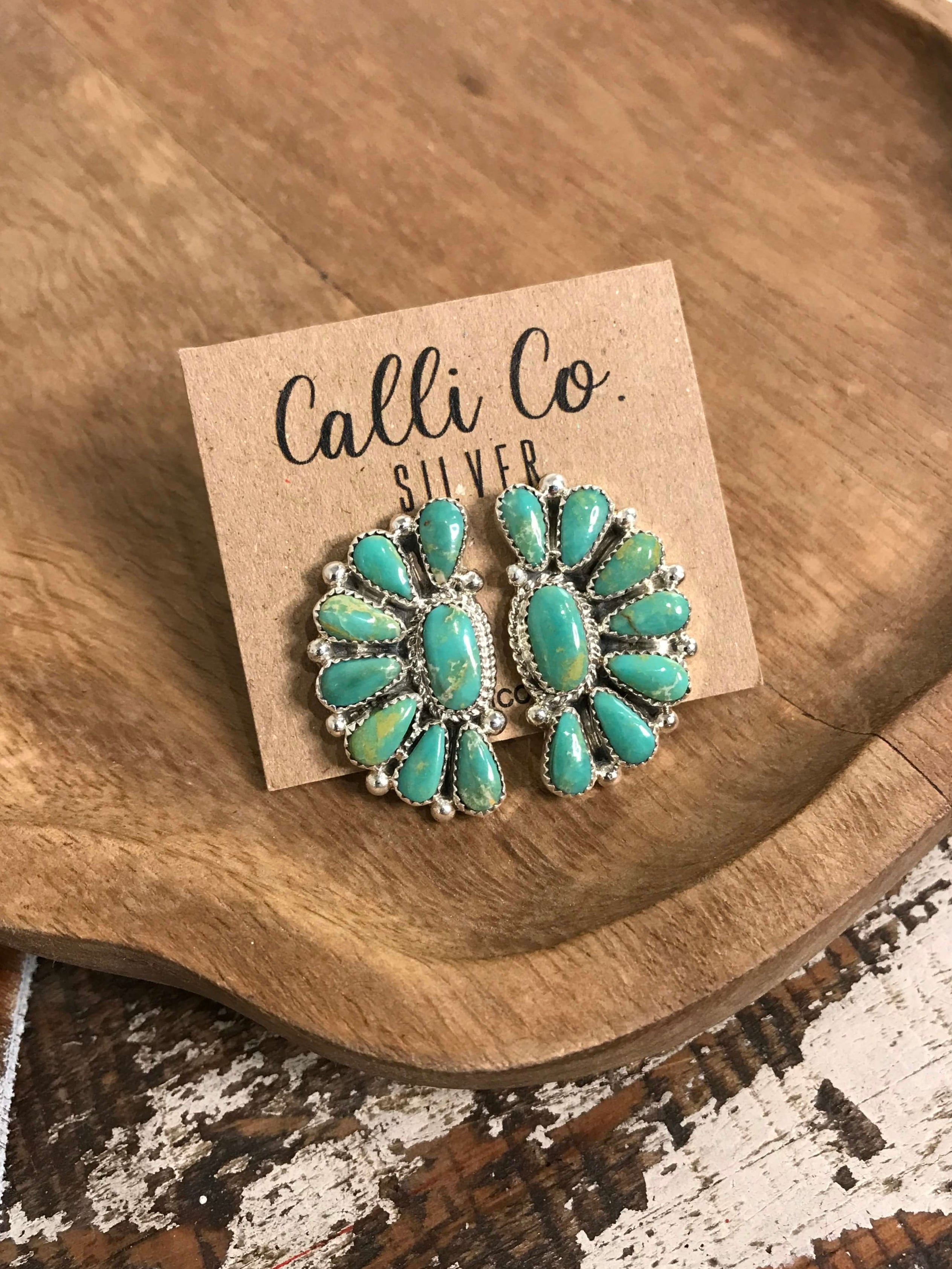 The Woodson Half Cluster Earrings, 4-Earrings-Calli Co., Turquoise and Silver Jewelry, Native American Handmade, Zuni Tribe, Navajo Tribe, Brock Texas