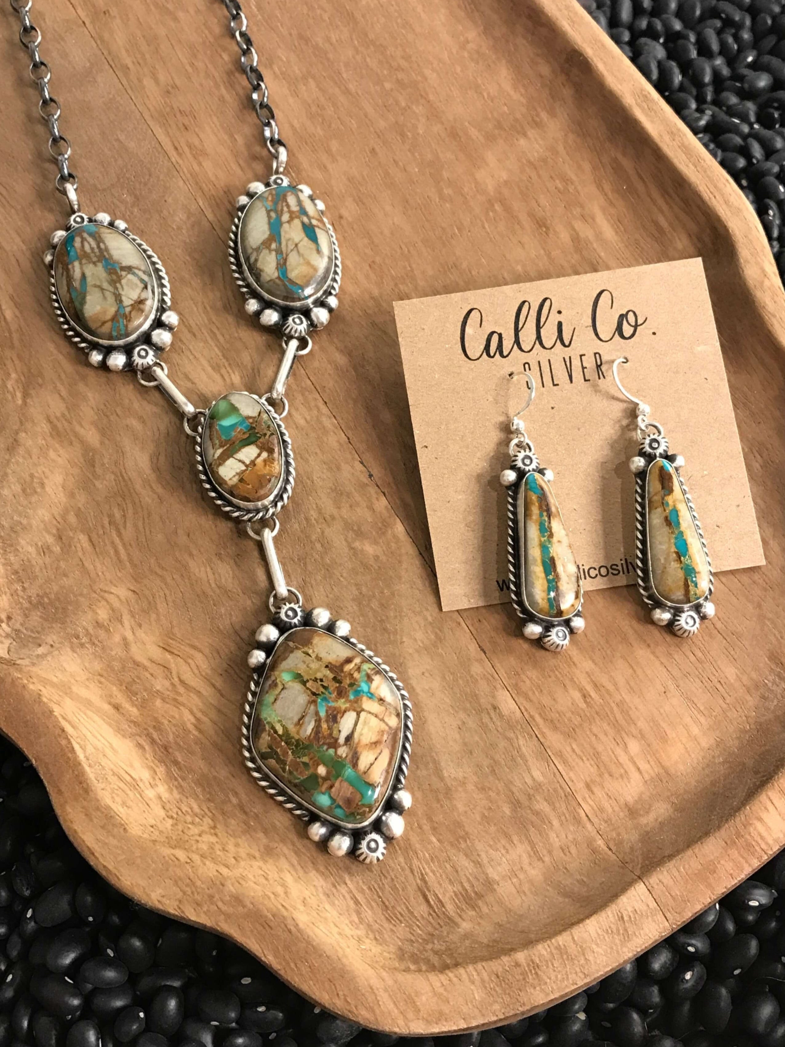 The Teton Lariat Necklace Set xx-Necklaces-Calli Co., Turquoise and Silver Jewelry, Native American Handmade, Zuni Tribe, Navajo Tribe, Brock Texas