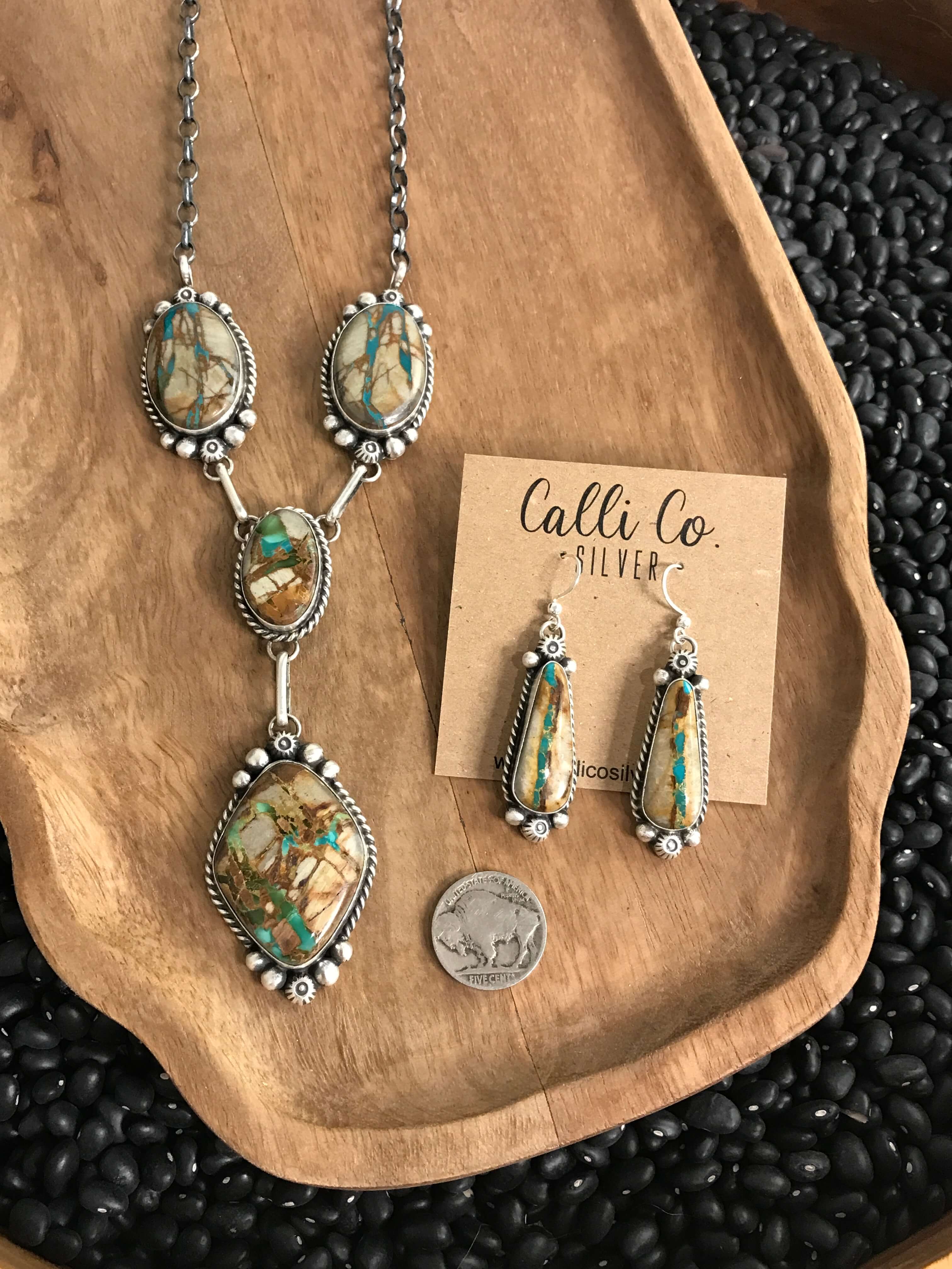 The Teton Lariat Necklace Set xx-Necklaces-Calli Co., Turquoise and Silver Jewelry, Native American Handmade, Zuni Tribe, Navajo Tribe, Brock Texas