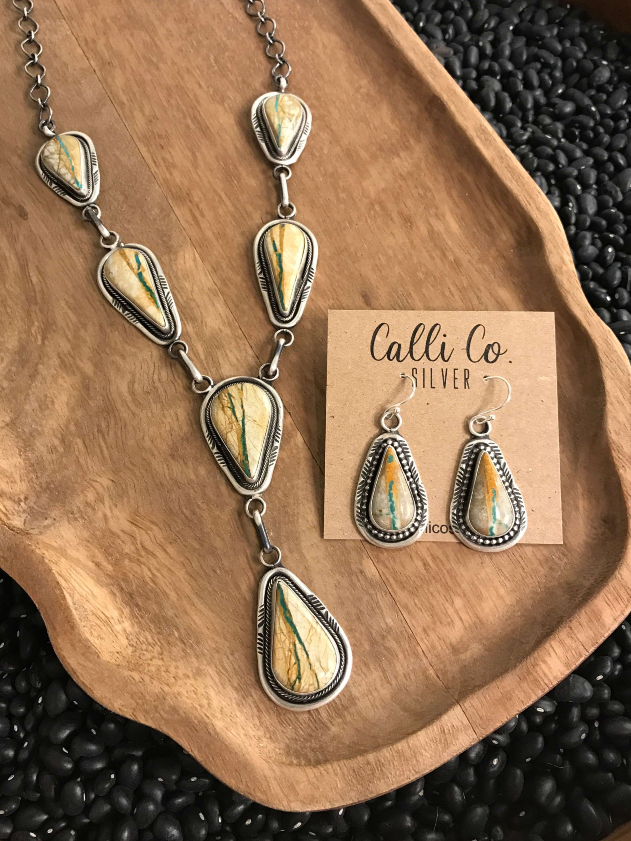 The Washta Lariat Necklace Set-Necklaces-Calli Co., Turquoise and Silver Jewelry, Native American Handmade, Zuni Tribe, Navajo Tribe, Brock Texas