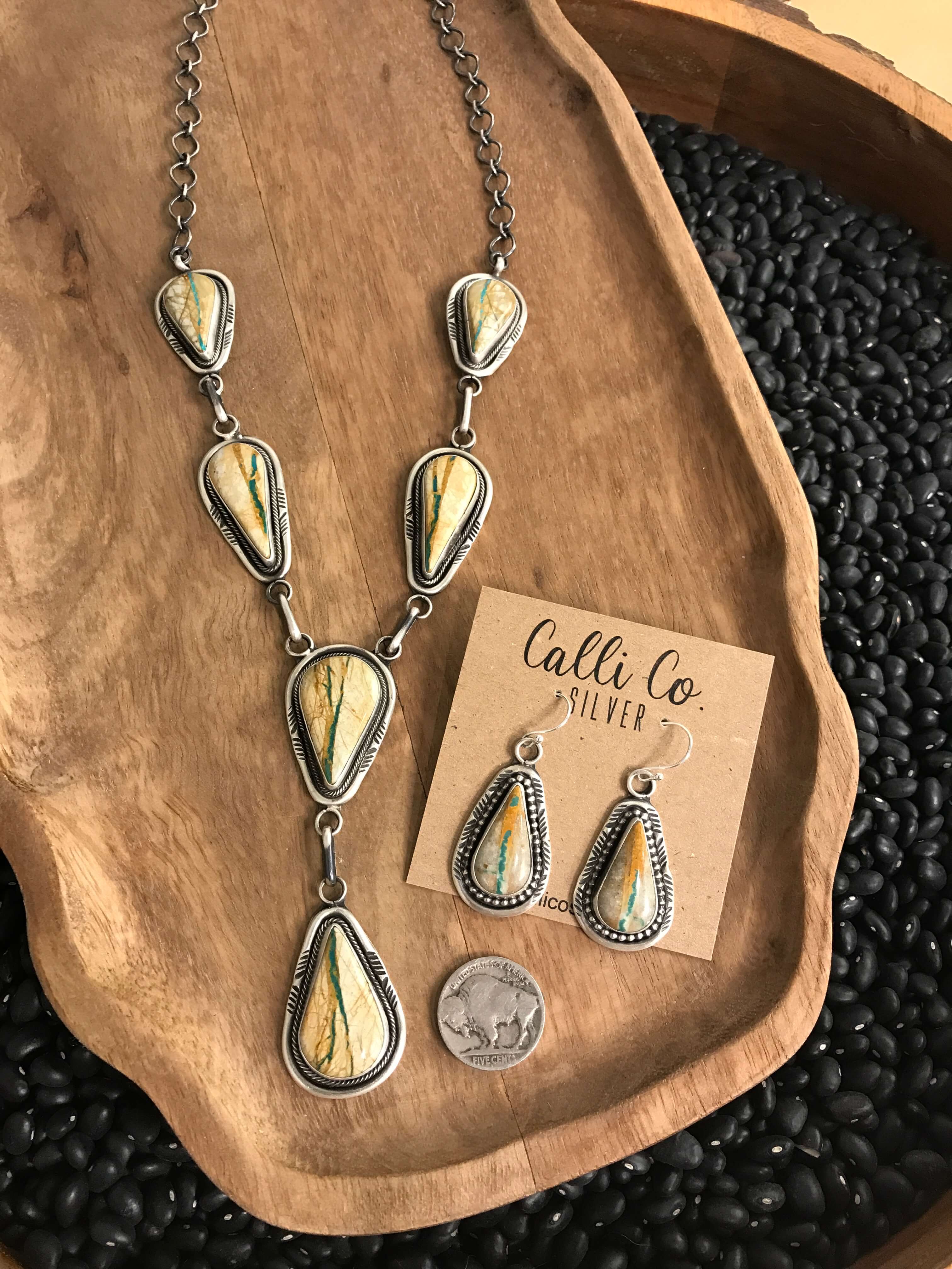 The Washta Lariat Necklace Set-Necklaces-Calli Co., Turquoise and Silver Jewelry, Native American Handmade, Zuni Tribe, Navajo Tribe, Brock Texas