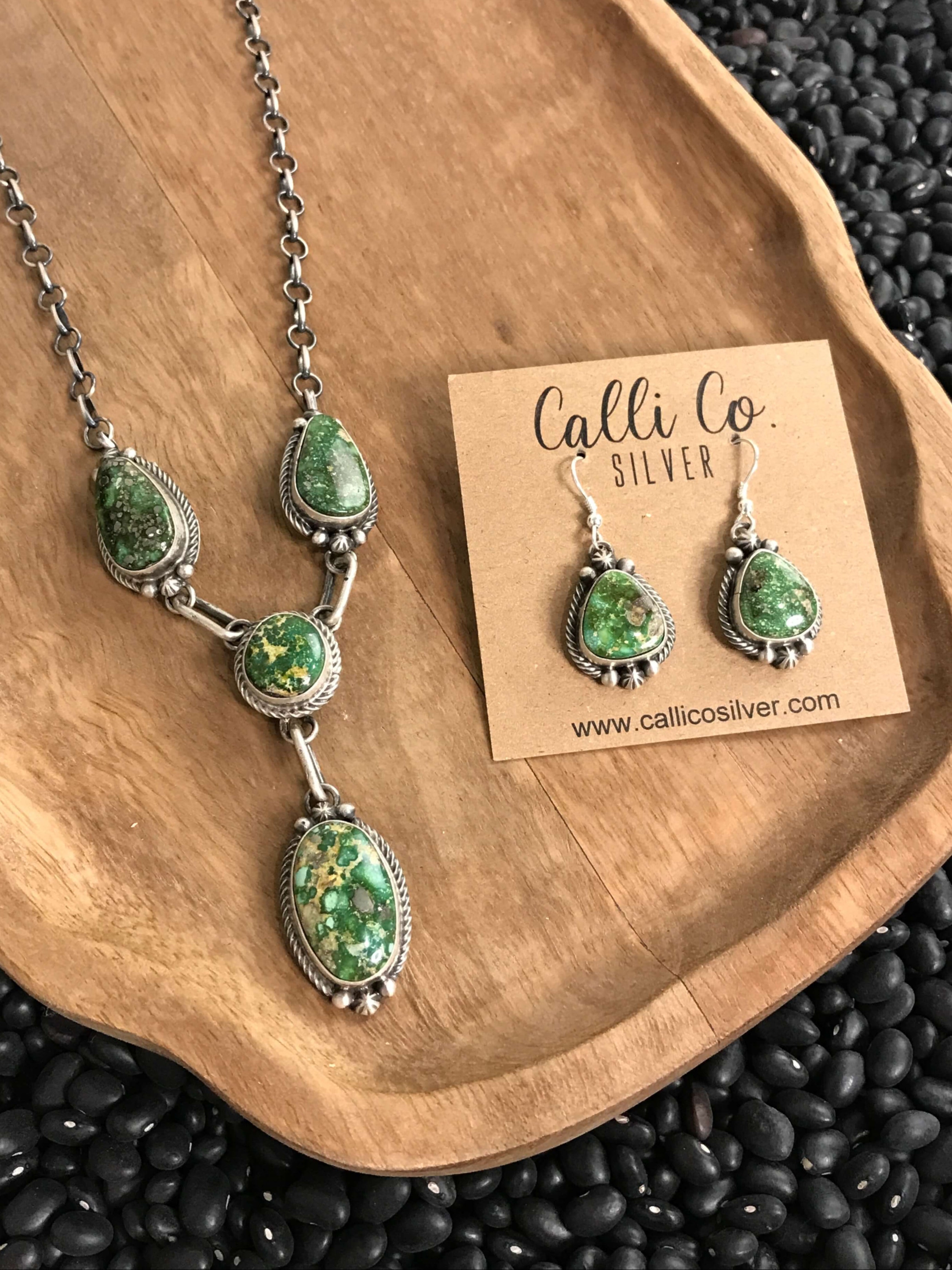 The Genoa Turquoise Lariat Necklace Set-Necklaces-Calli Co., Turquoise and Silver Jewelry, Native American Handmade, Zuni Tribe, Navajo Tribe, Brock Texas