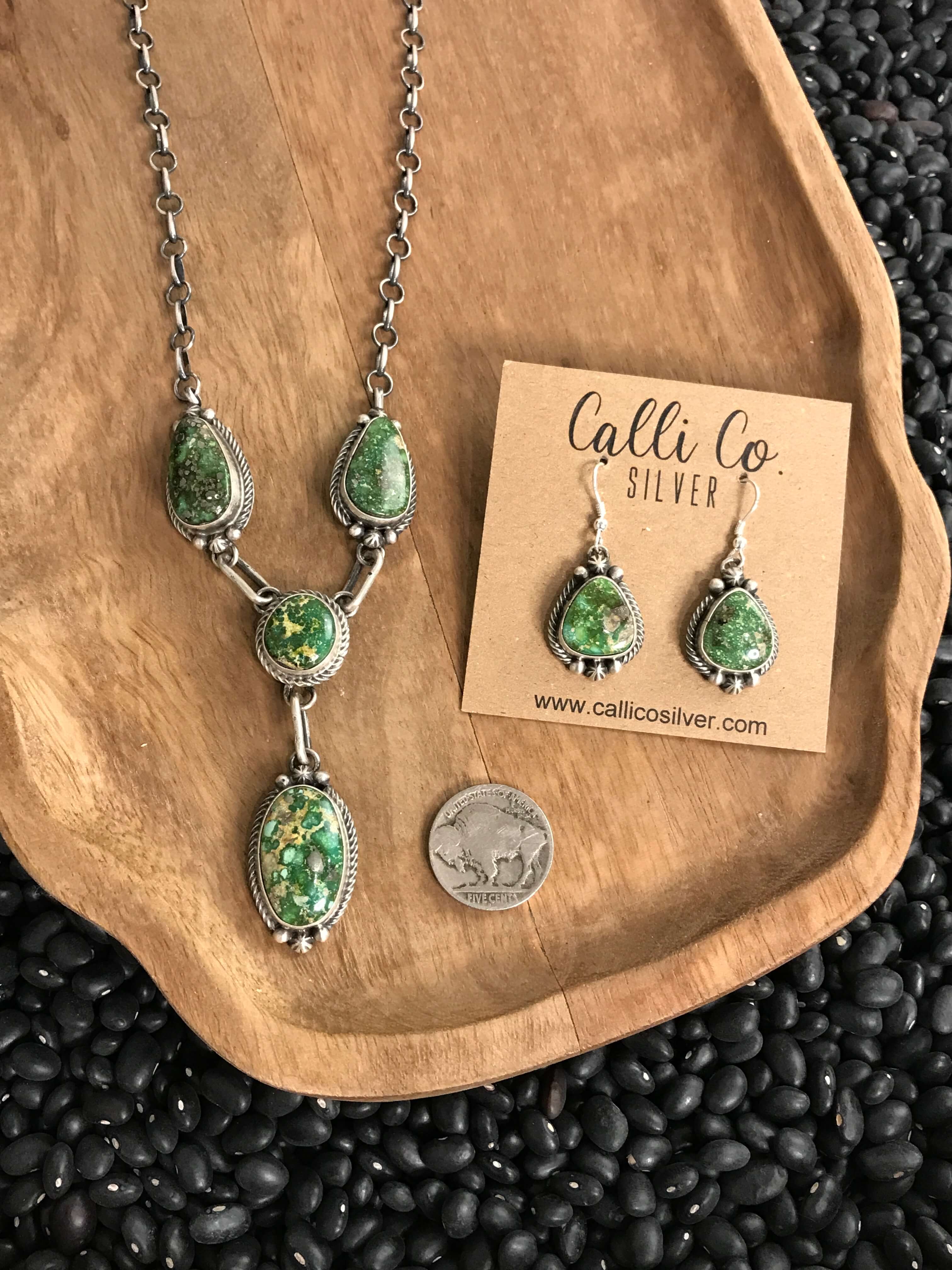 The Genoa Turquoise Lariat Necklace Set-Necklaces-Calli Co., Turquoise and Silver Jewelry, Native American Handmade, Zuni Tribe, Navajo Tribe, Brock Texas