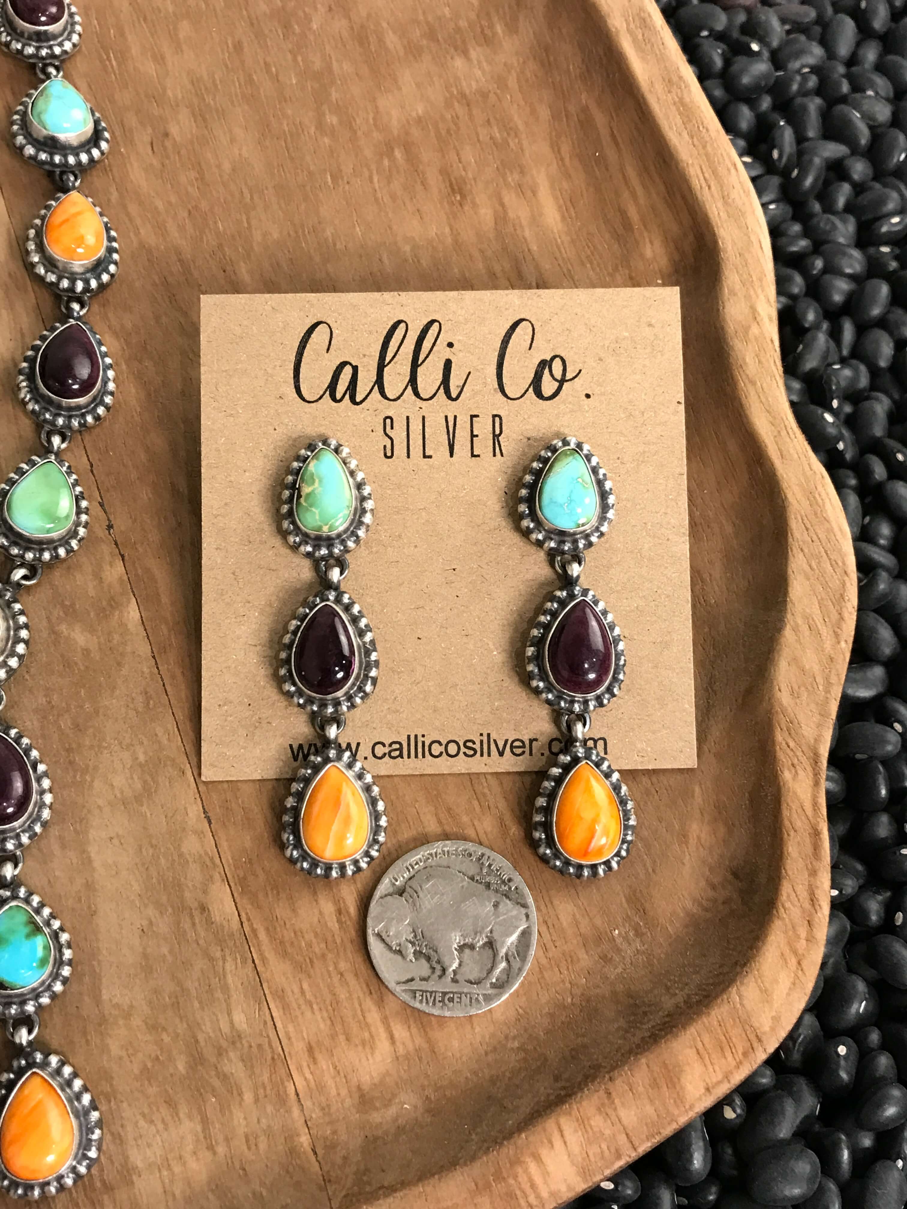 The Monowi Lariat Necklace Set-Necklaces-Calli Co., Turquoise and Silver Jewelry, Native American Handmade, Zuni Tribe, Navajo Tribe, Brock Texas