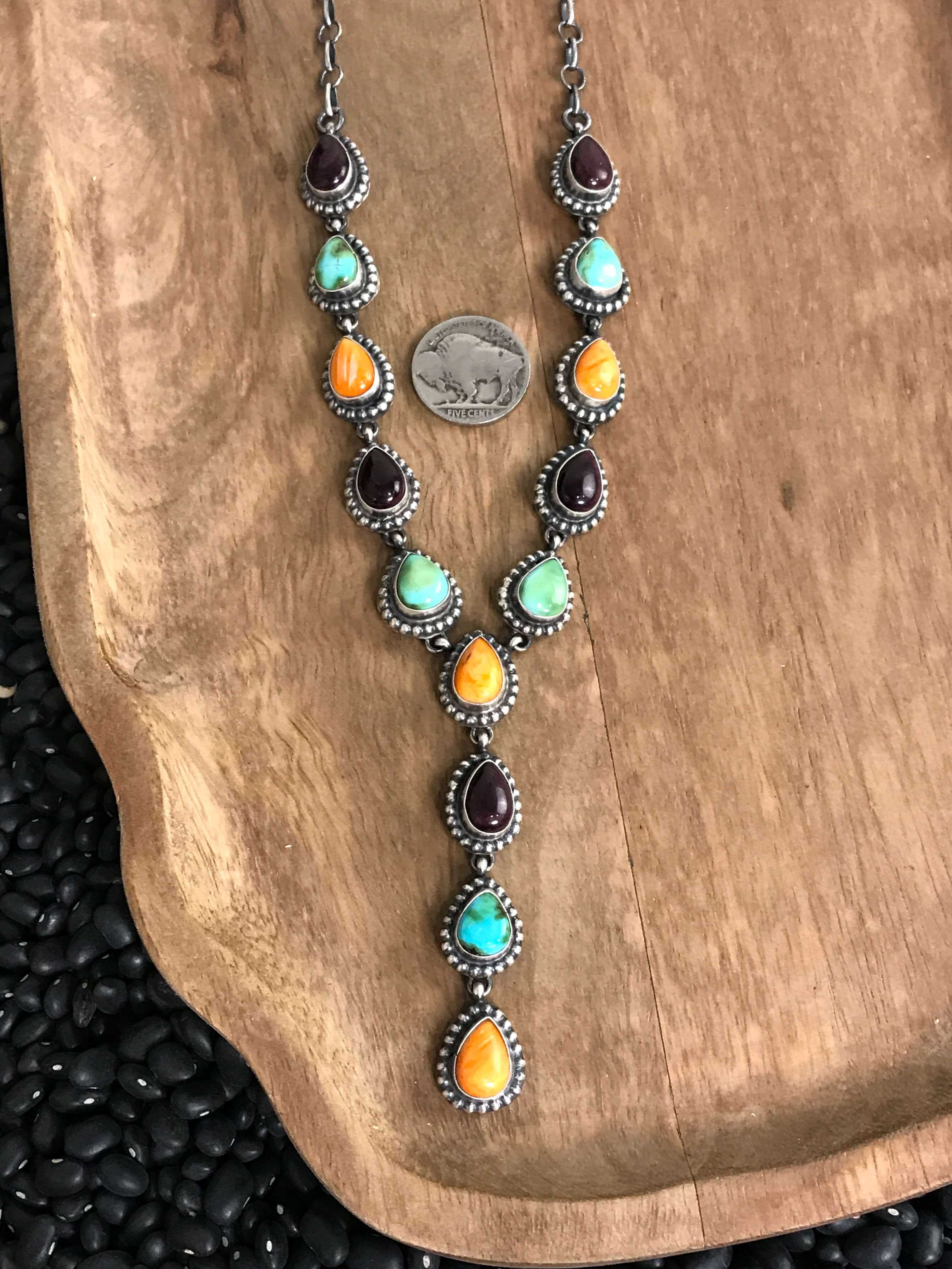 The Monowi Lariat Necklace Set-Necklaces-Calli Co., Turquoise and Silver Jewelry, Native American Handmade, Zuni Tribe, Navajo Tribe, Brock Texas