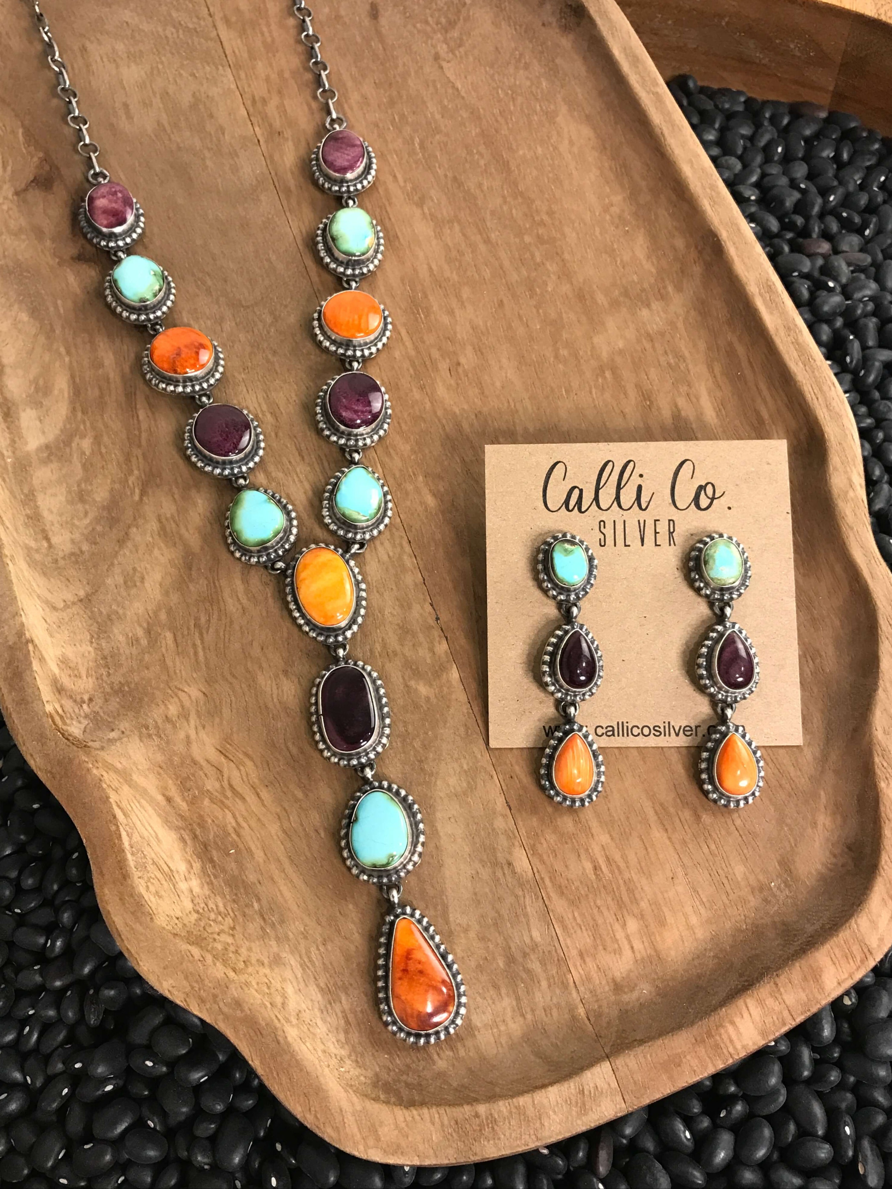 The Scotia Lariat Necklace Set-Necklaces-Calli Co., Turquoise and Silver Jewelry, Native American Handmade, Zuni Tribe, Navajo Tribe, Brock Texas