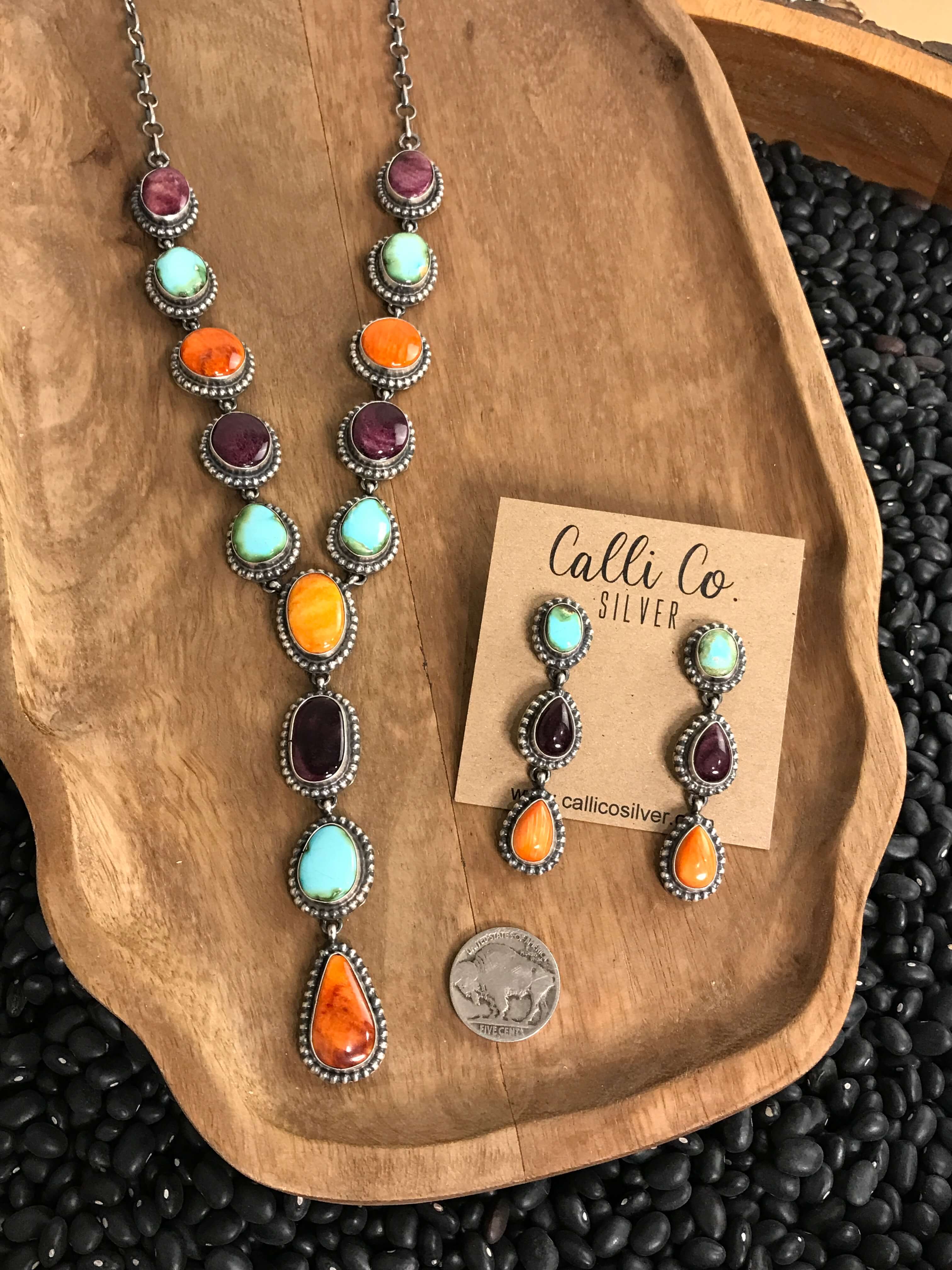 The Scotia Lariat Necklace Set-Necklaces-Calli Co., Turquoise and Silver Jewelry, Native American Handmade, Zuni Tribe, Navajo Tribe, Brock Texas