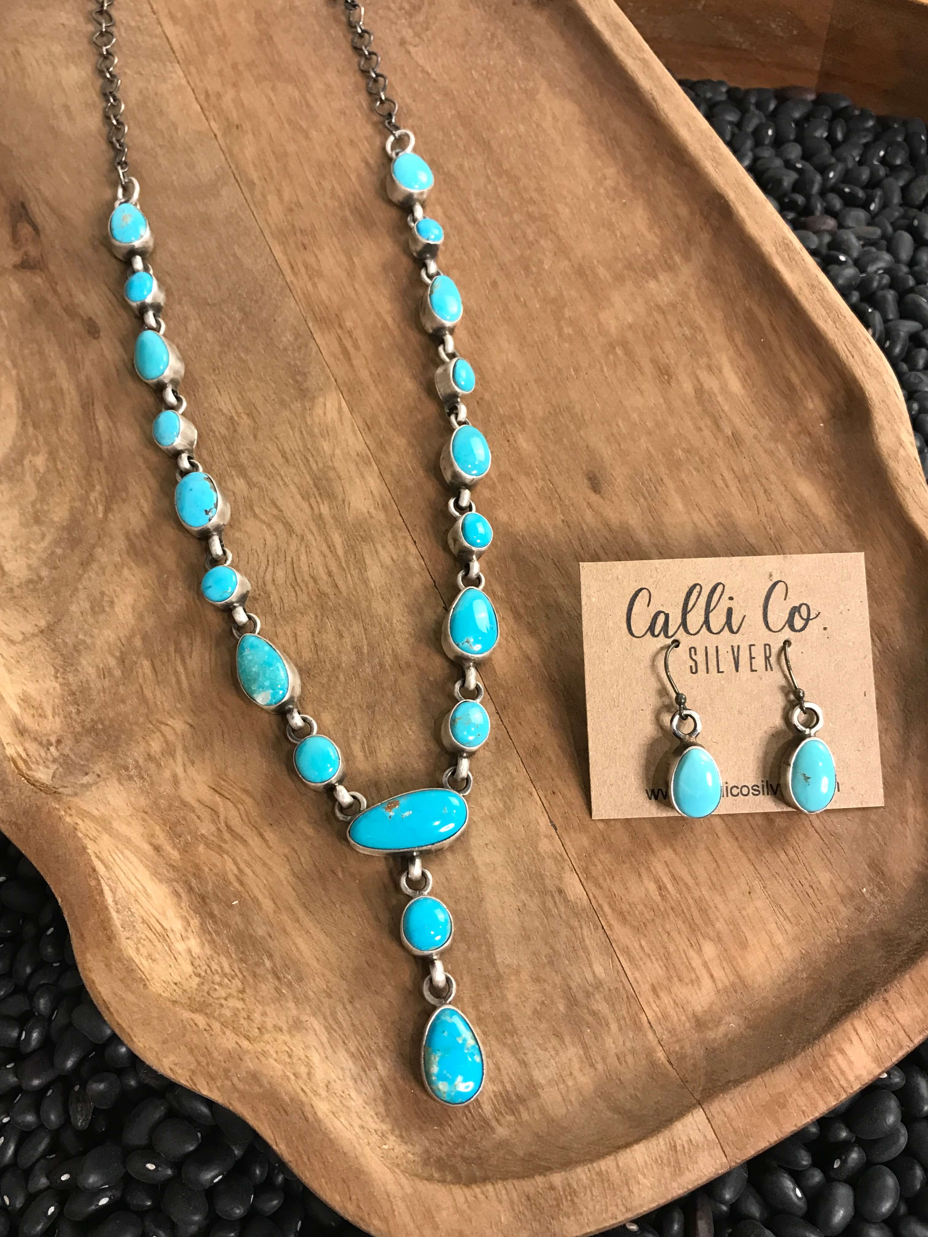The Wakonda Turquoise Lariat Necklace Set-Necklaces-Calli Co., Turquoise and Silver Jewelry, Native American Handmade, Zuni Tribe, Navajo Tribe, Brock Texas