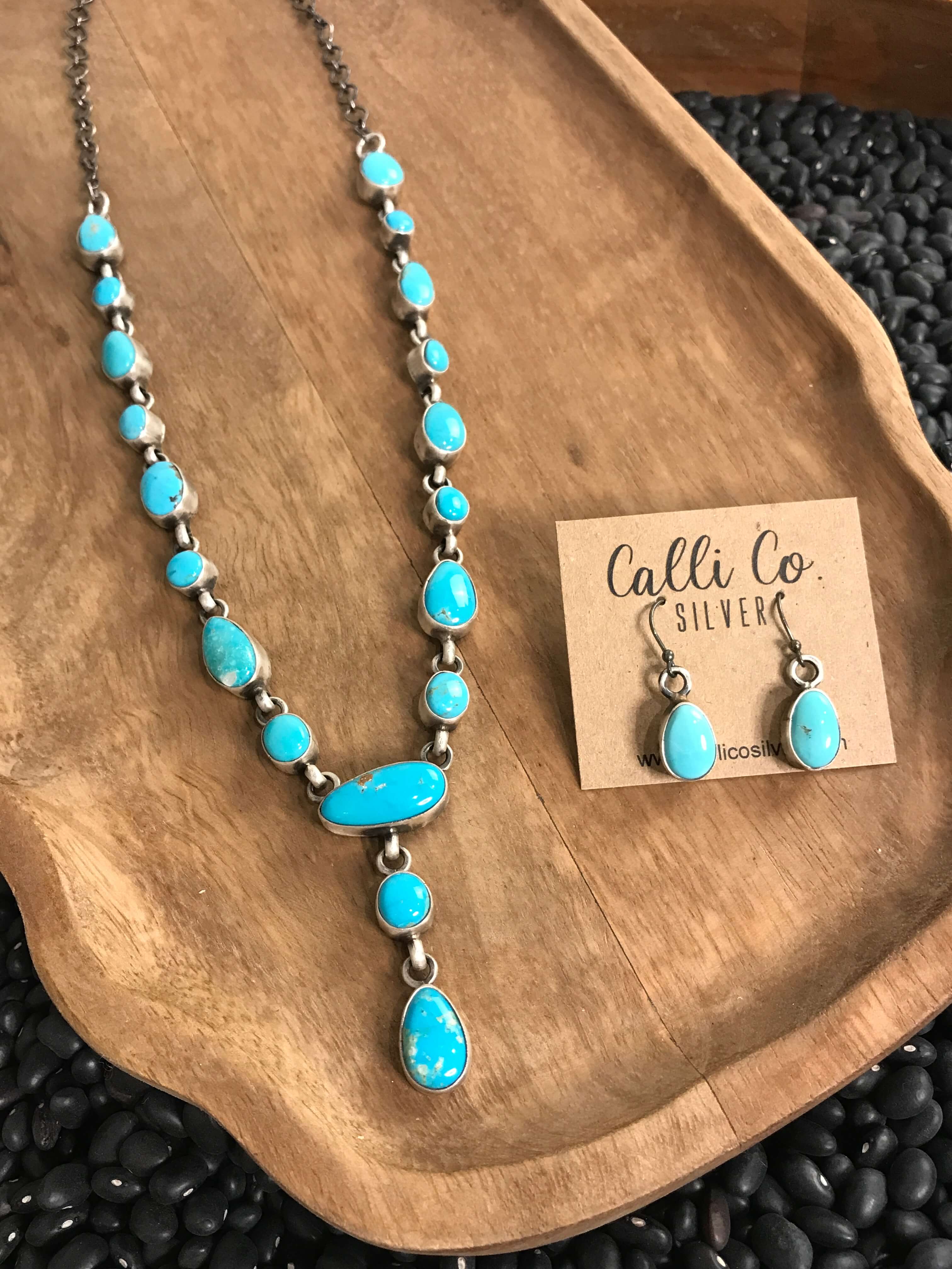 The Wakonda Turquoise Lariat Necklace Set-Necklaces-Calli Co., Turquoise and Silver Jewelry, Native American Handmade, Zuni Tribe, Navajo Tribe, Brock Texas