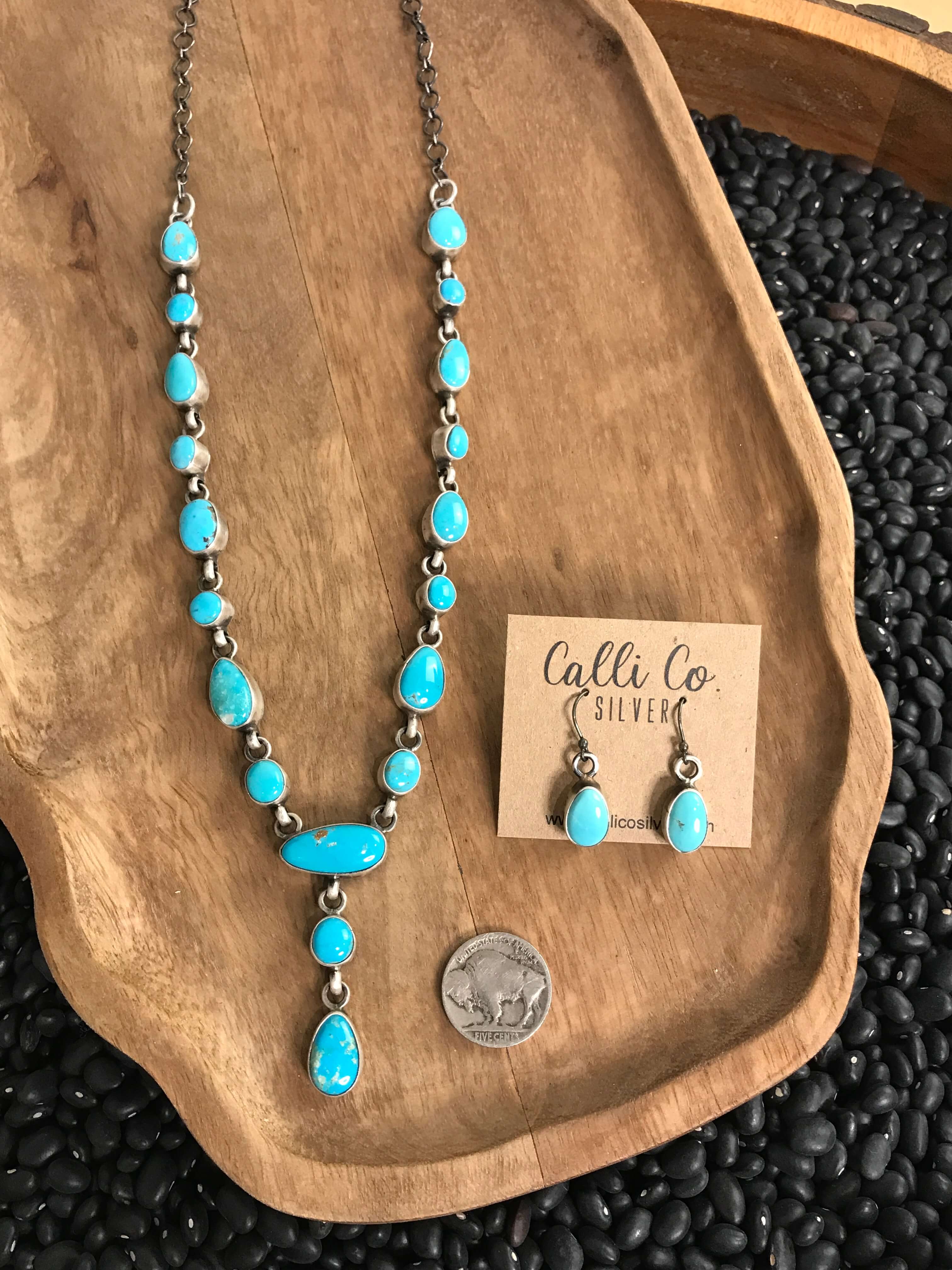 The Wakonda Turquoise Lariat Necklace Set-Necklaces-Calli Co., Turquoise and Silver Jewelry, Native American Handmade, Zuni Tribe, Navajo Tribe, Brock Texas
