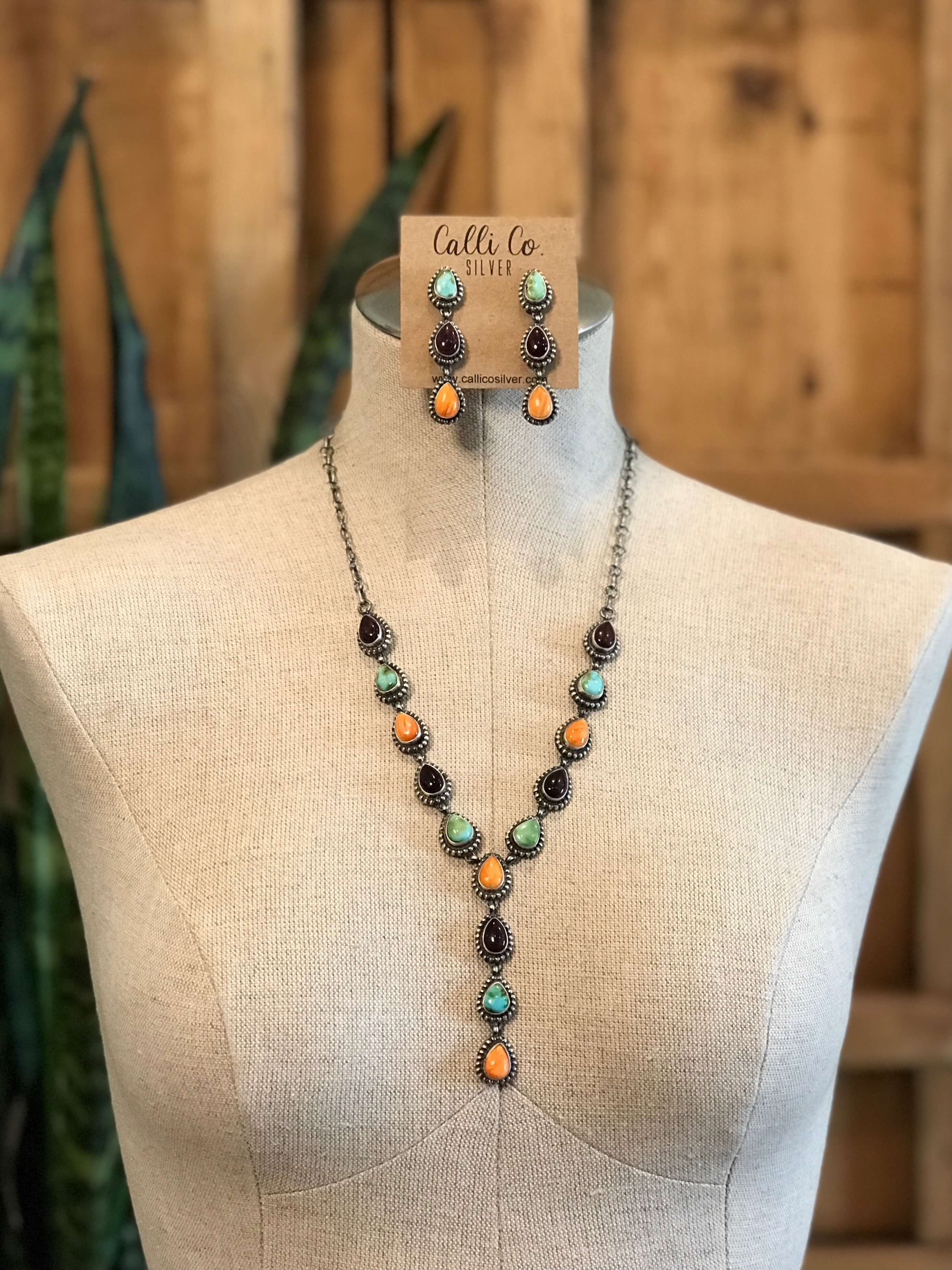The Monowi Lariat Necklace Set-Necklaces-Calli Co., Turquoise and Silver Jewelry, Native American Handmade, Zuni Tribe, Navajo Tribe, Brock Texas