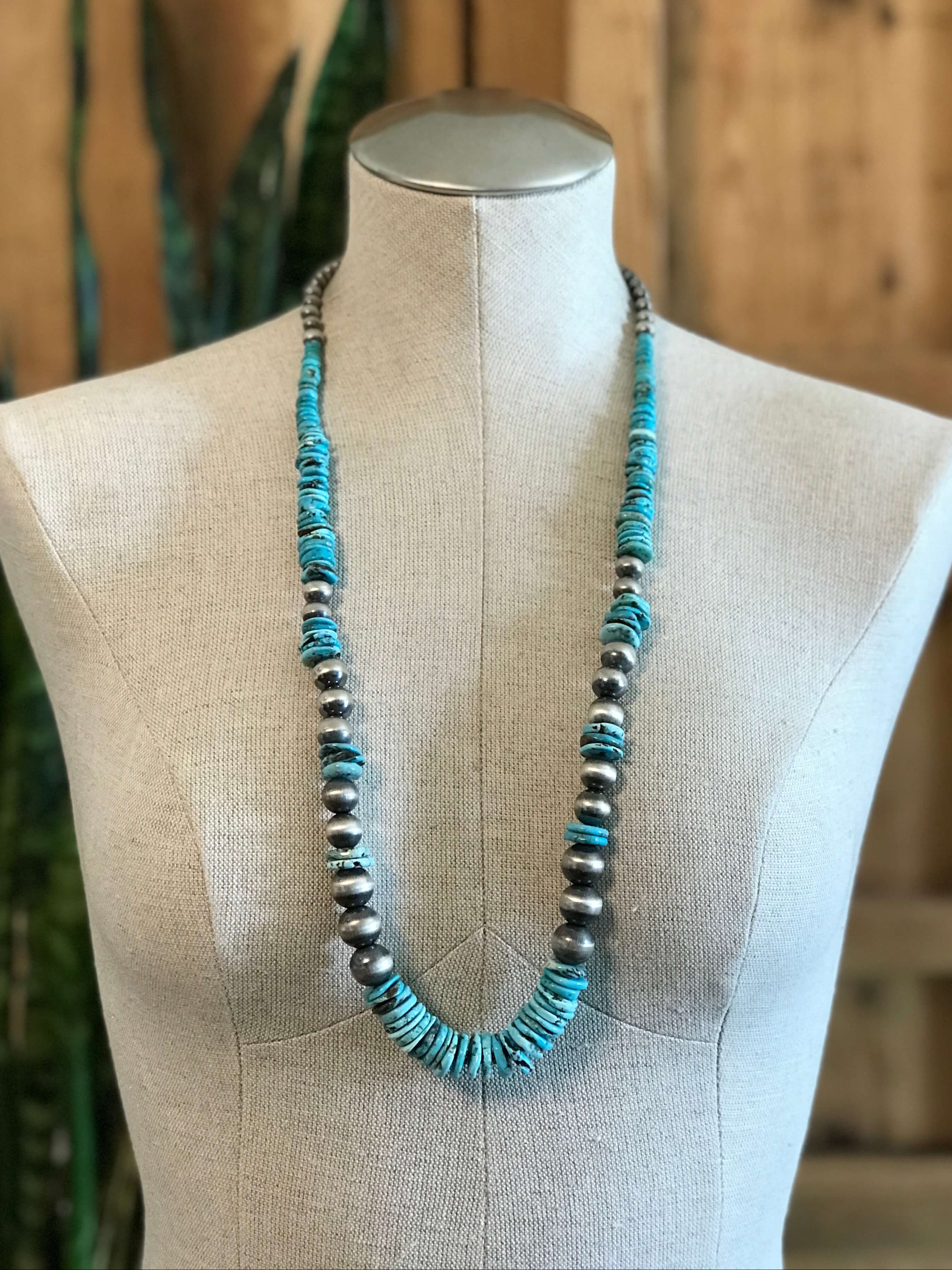 The Olancha Stacked 34" Statement Necklace, 2-Necklaces-Calli Co., Turquoise and Silver Jewelry, Native American Handmade, Zuni Tribe, Navajo Tribe, Brock Texas