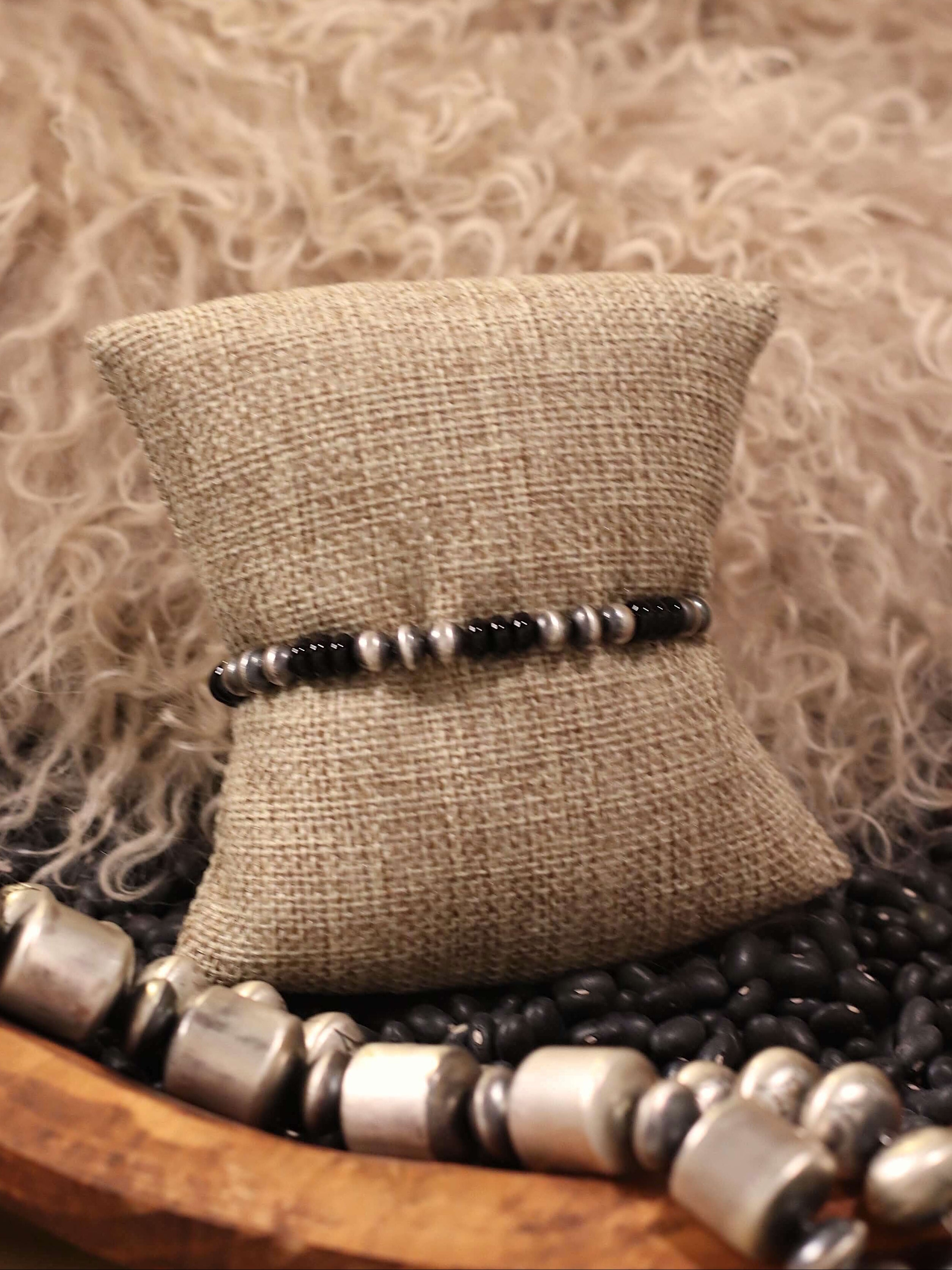 The Tenaha Stretch Bracelet in Onyx-Bracelets & Cuffs-Calli Co., Turquoise and Silver Jewelry, Native American Handmade, Zuni Tribe, Navajo Tribe, Brock Texas