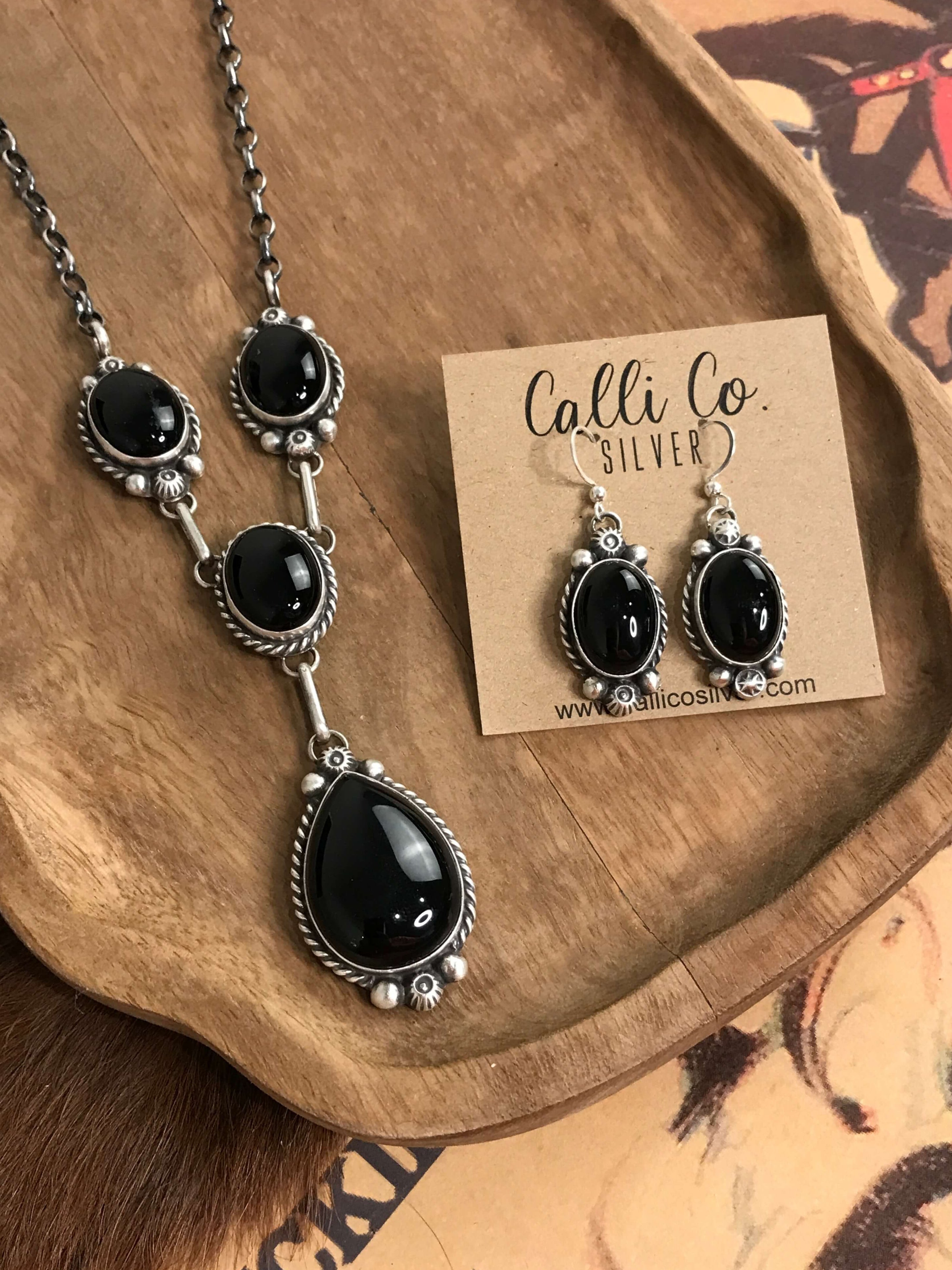 The Duluth Onyx Lariat Necklace Set-Necklaces-Calli Co., Turquoise and Silver Jewelry, Native American Handmade, Zuni Tribe, Navajo Tribe, Brock Texas
