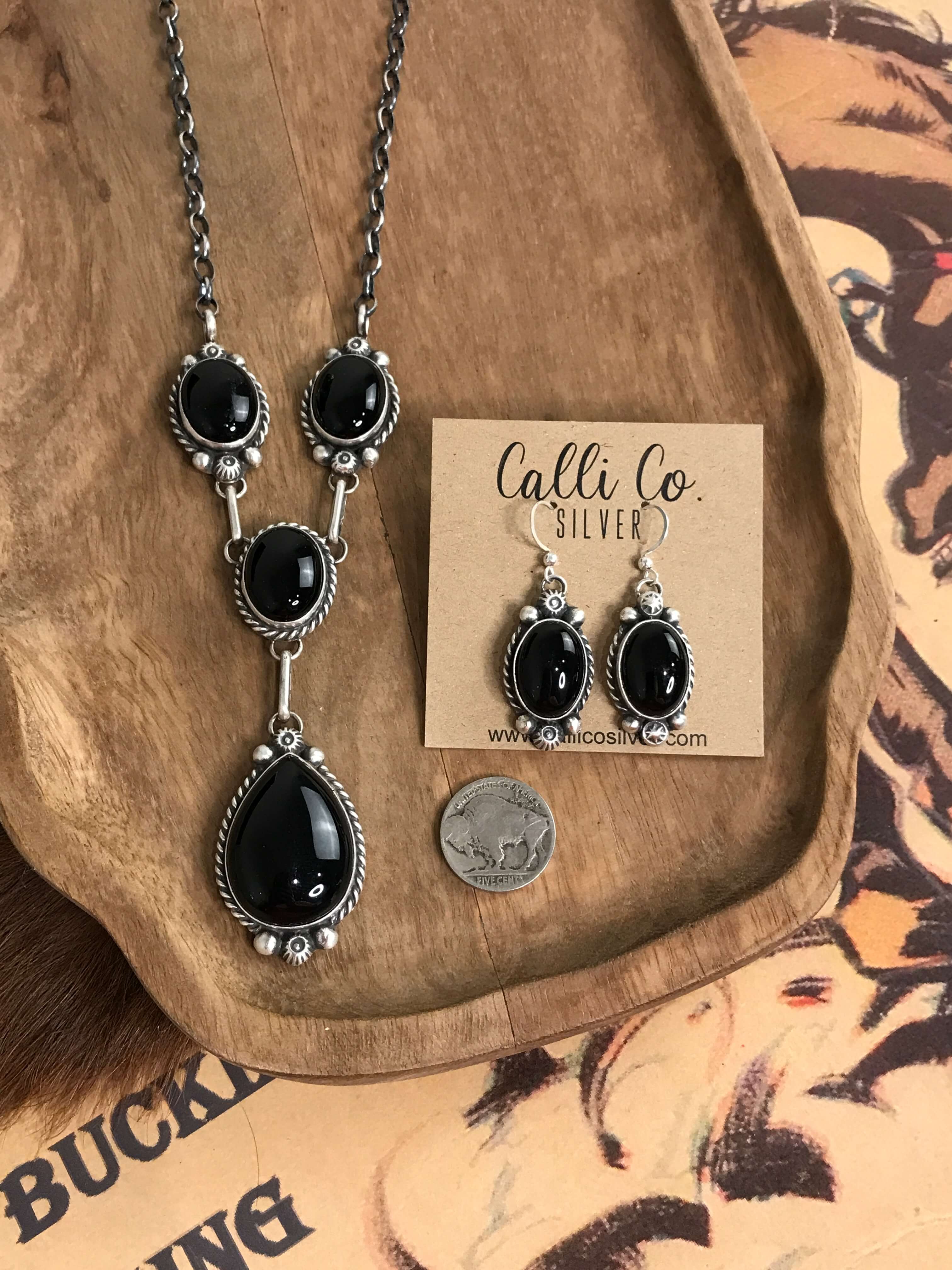 The Duluth Onyx Lariat Necklace Set-Necklaces-Calli Co., Turquoise and Silver Jewelry, Native American Handmade, Zuni Tribe, Navajo Tribe, Brock Texas
