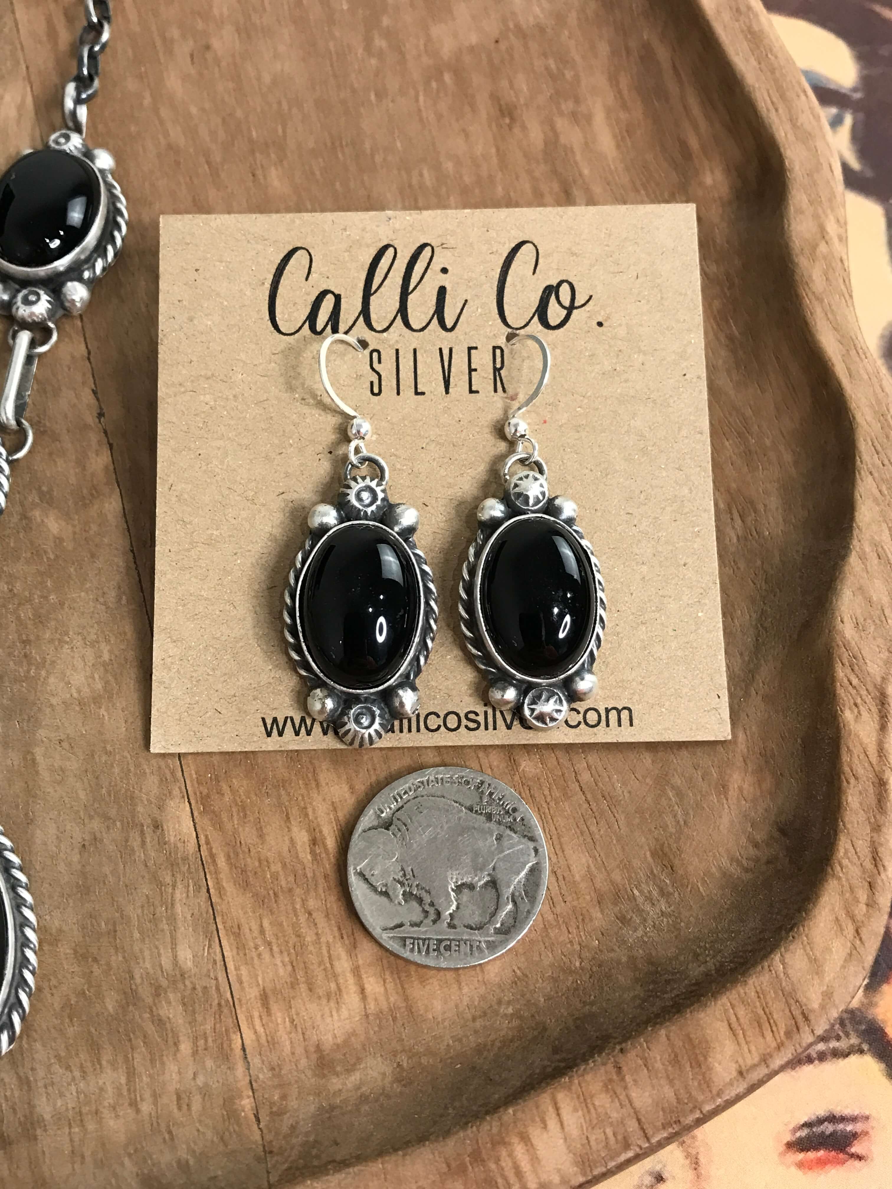 The Duluth Onyx Lariat Necklace Set-Necklaces-Calli Co., Turquoise and Silver Jewelry, Native American Handmade, Zuni Tribe, Navajo Tribe, Brock Texas