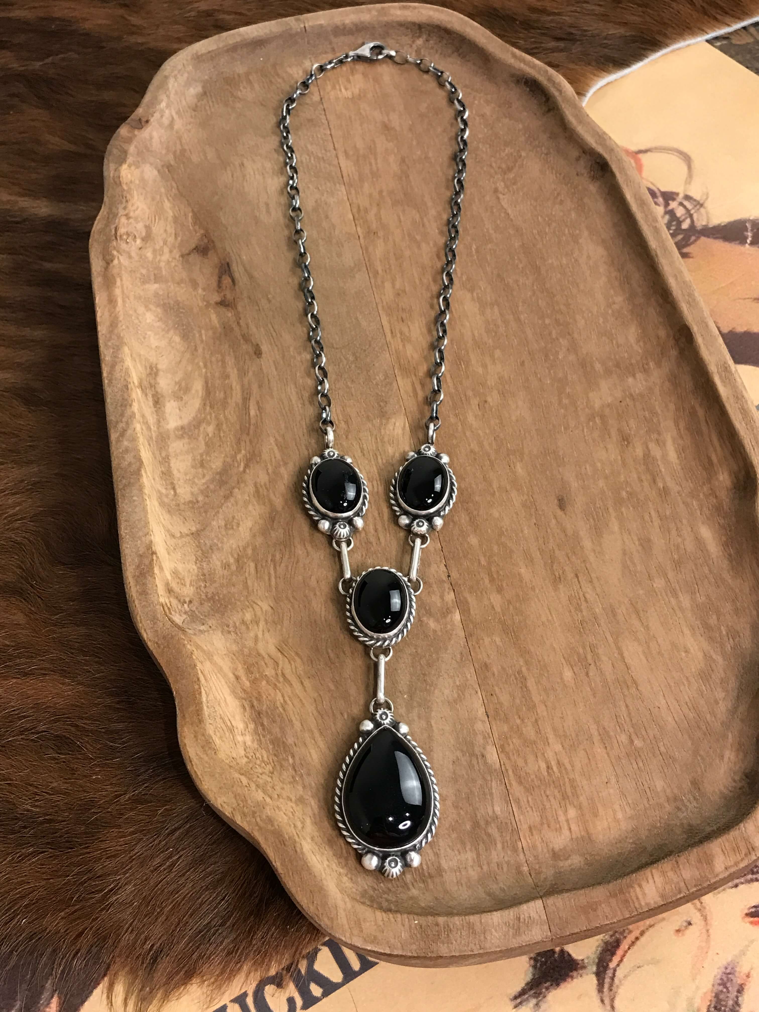 The Duluth Onyx Lariat Necklace Set-Necklaces-Calli Co., Turquoise and Silver Jewelry, Native American Handmade, Zuni Tribe, Navajo Tribe, Brock Texas