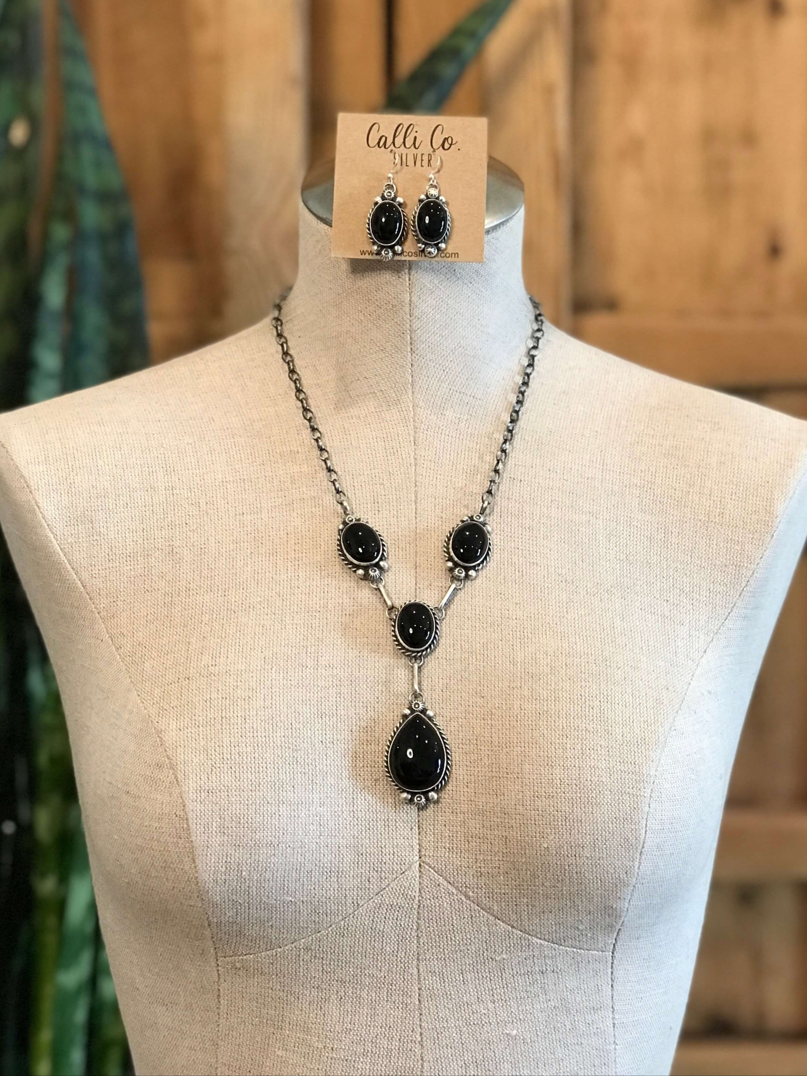 The Duluth Onyx Lariat Necklace Set-Necklaces-Calli Co., Turquoise and Silver Jewelry, Native American Handmade, Zuni Tribe, Navajo Tribe, Brock Texas