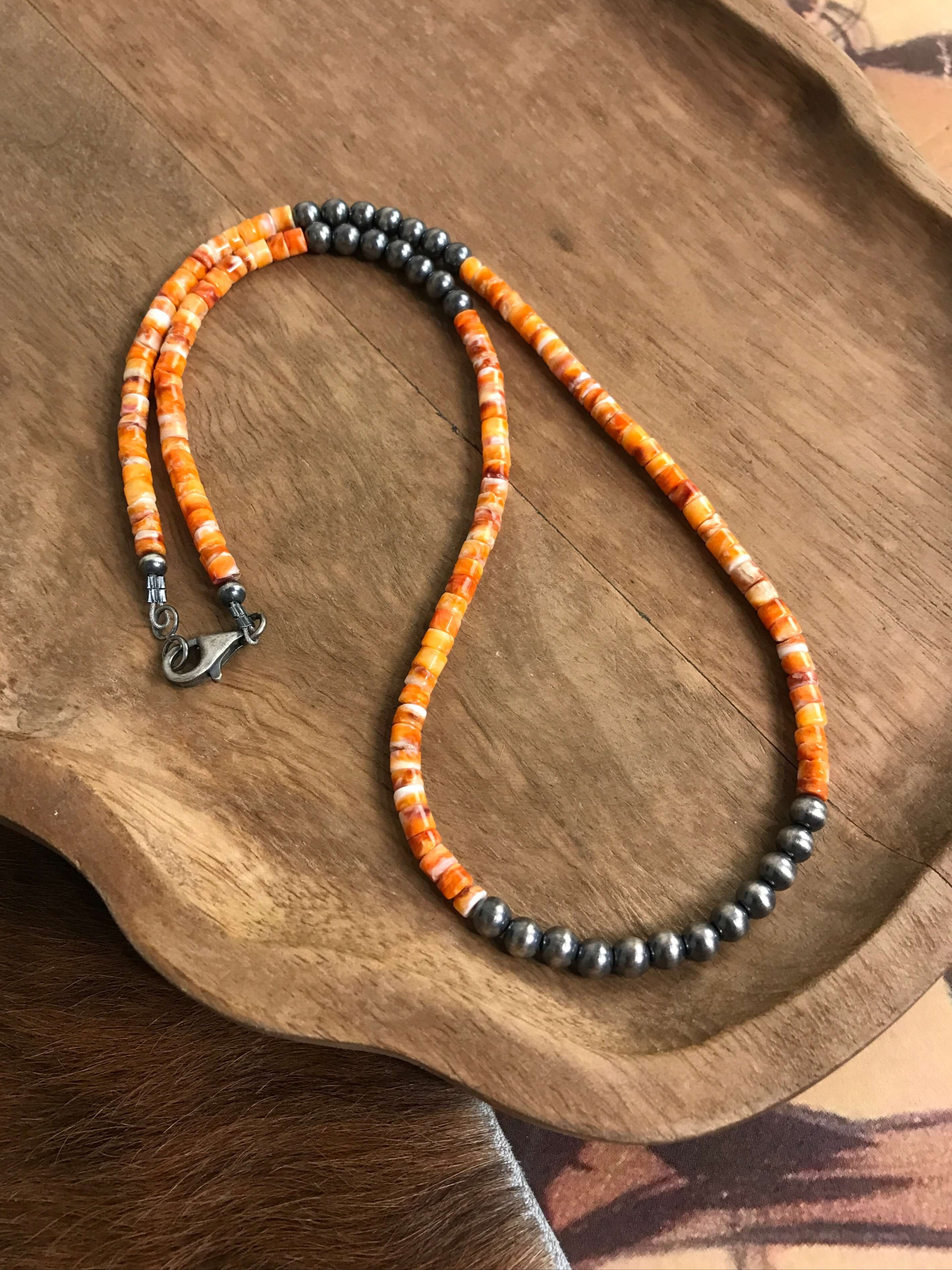 The Vananda Necklace in Orange Spiny, 20"-Necklaces-Calli Co., Turquoise and Silver Jewelry, Native American Handmade, Zuni Tribe, Navajo Tribe, Brock Texas