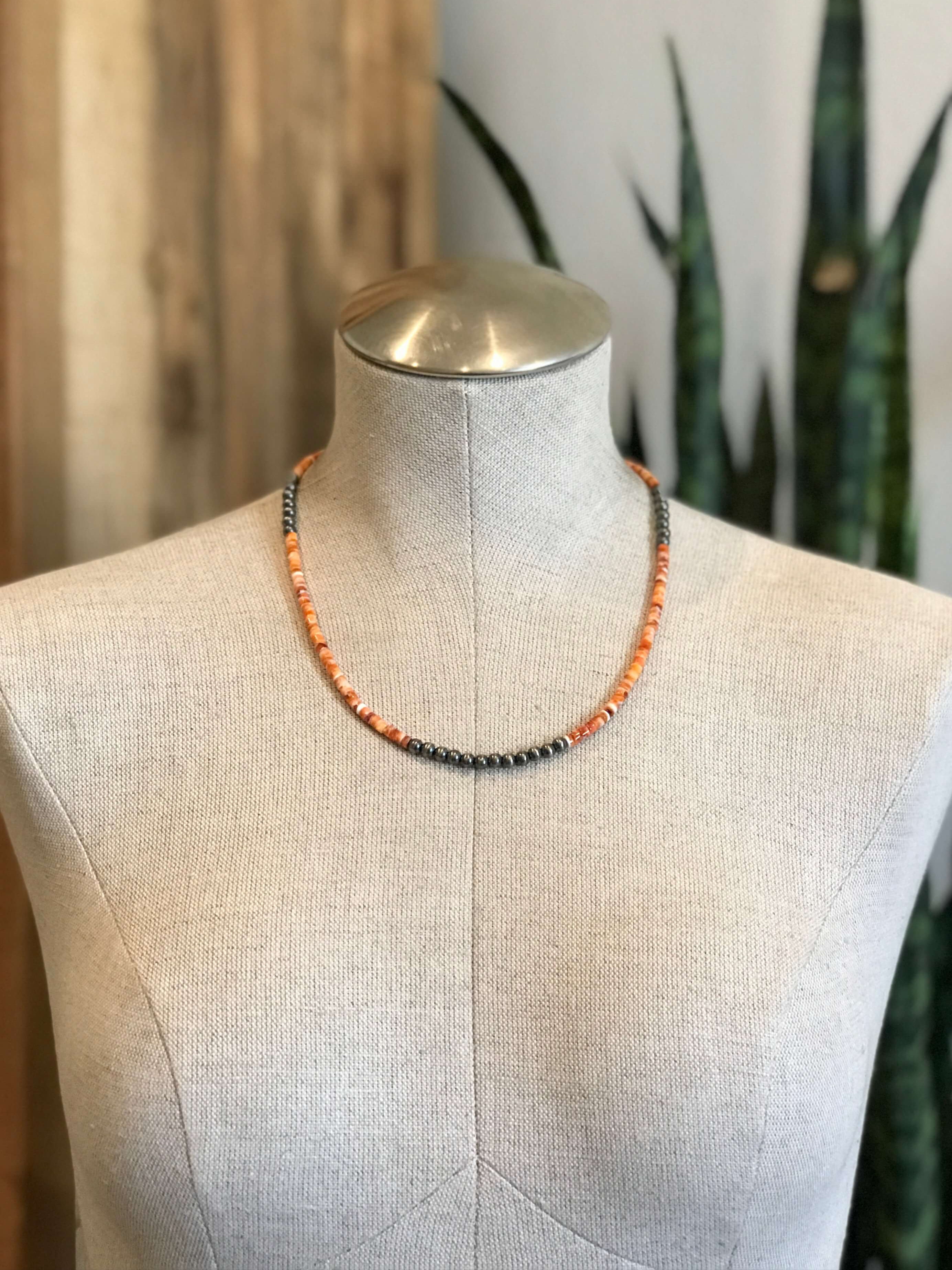 The Vananda Necklace in Orange Spiny, 20"-Necklaces-Calli Co., Turquoise and Silver Jewelry, Native American Handmade, Zuni Tribe, Navajo Tribe, Brock Texas