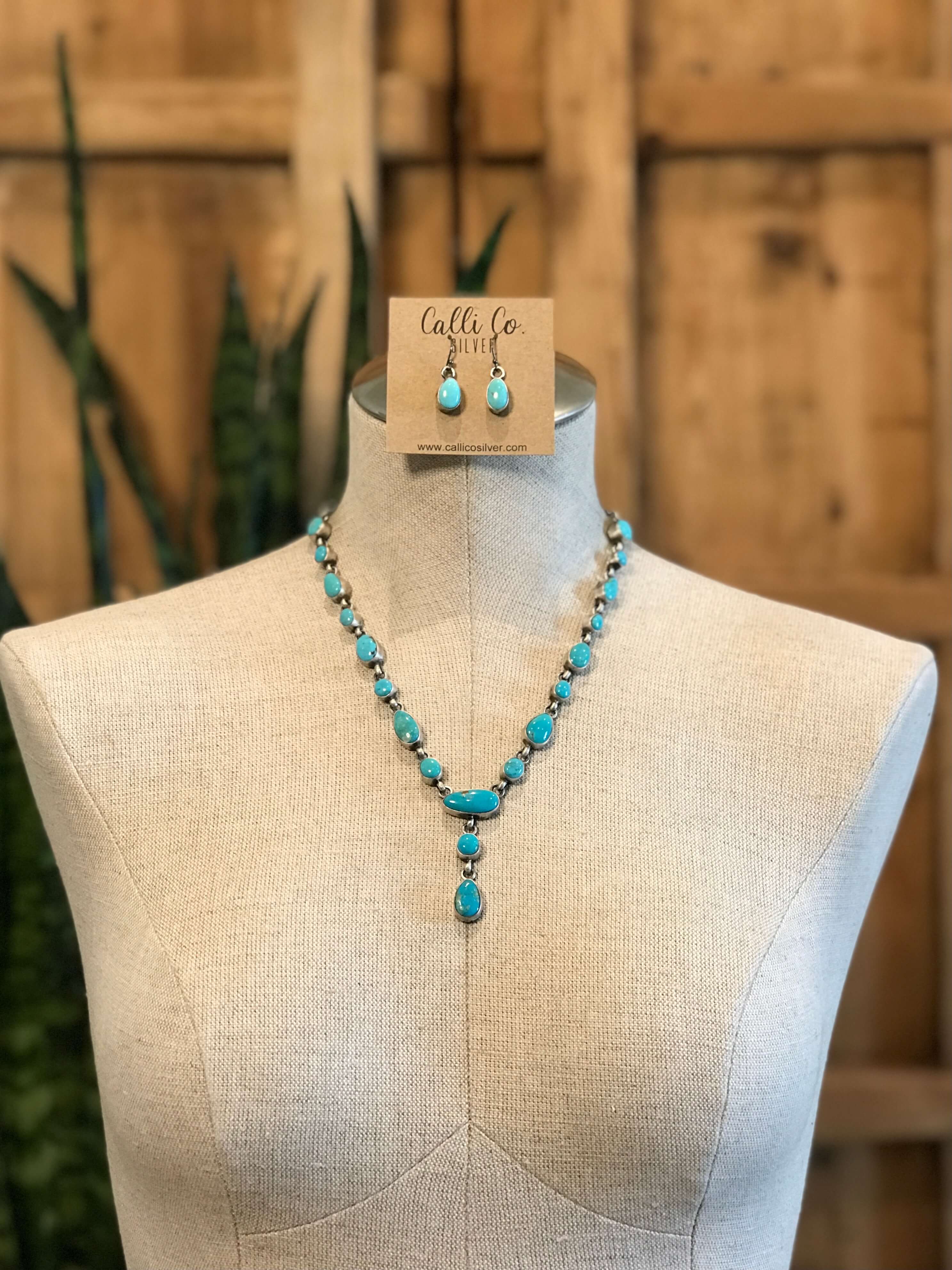The Wakonda Turquoise Lariat Necklace Set-Necklaces-Calli Co., Turquoise and Silver Jewelry, Native American Handmade, Zuni Tribe, Navajo Tribe, Brock Texas