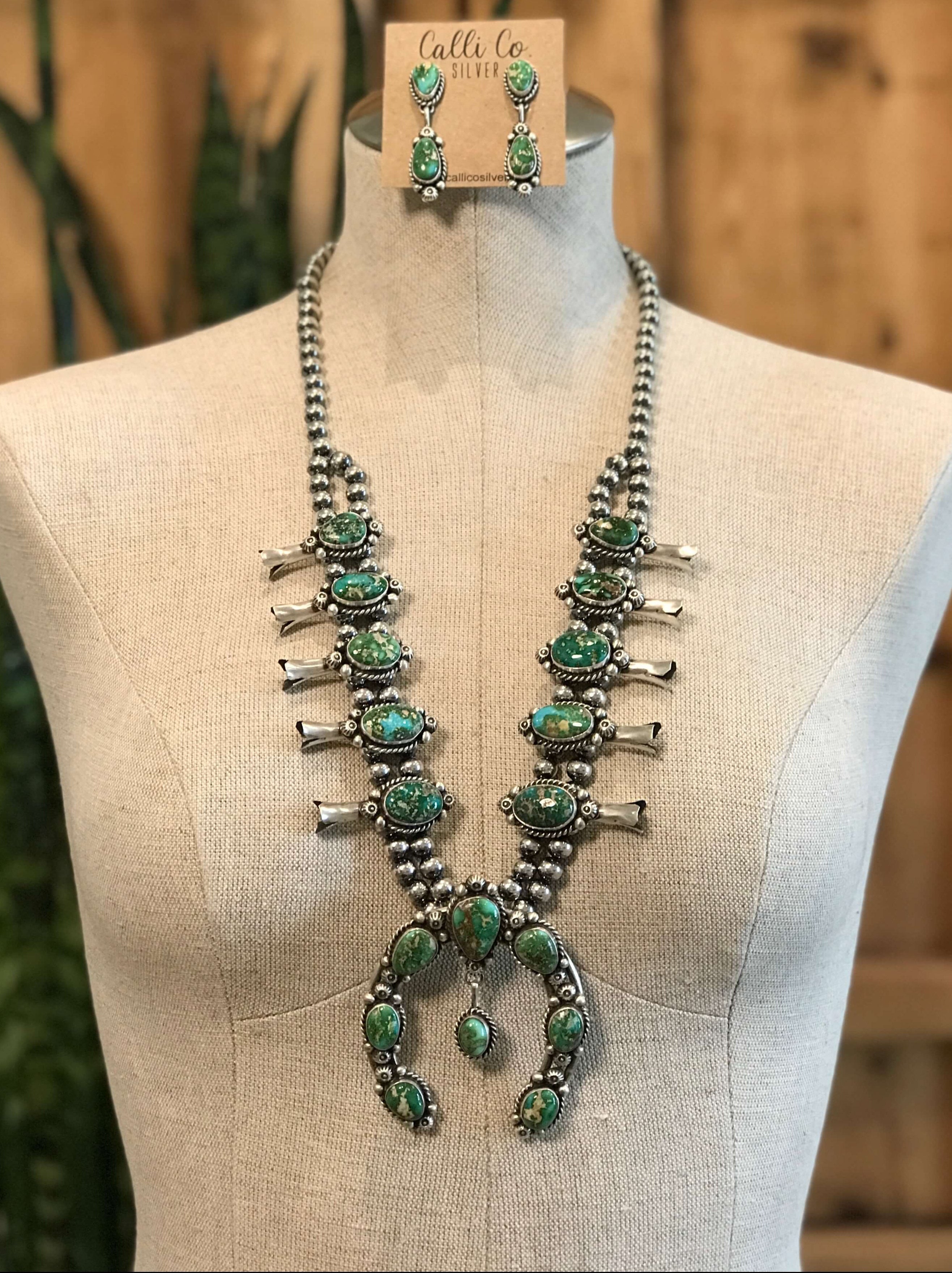 The Josephine Squash Blossom Necklace Set-Necklaces-Calli Co., Turquoise and Silver Jewelry, Native American Handmade, Zuni Tribe, Navajo Tribe, Brock Texas