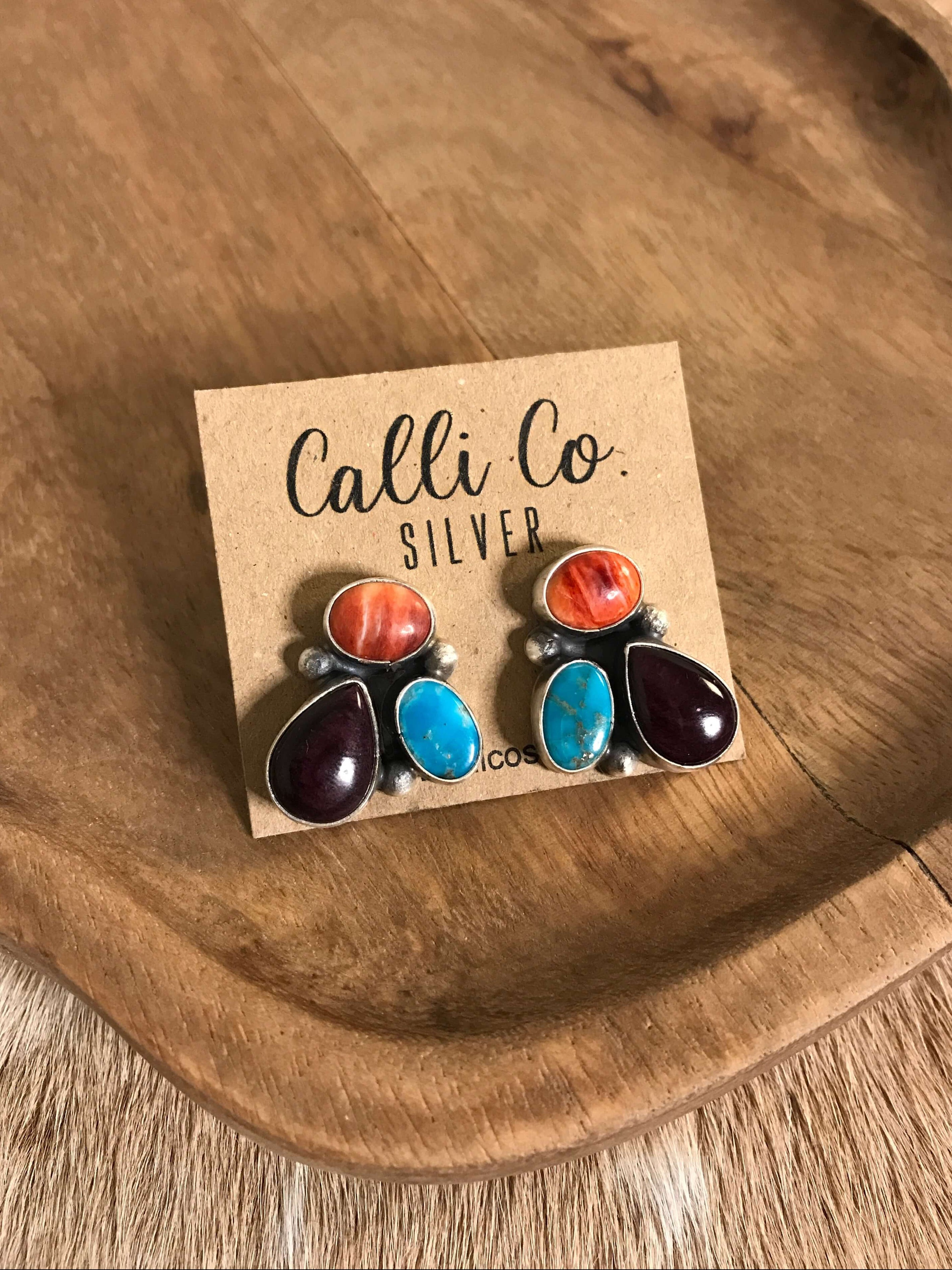 The Tempe Turquoise Cluster Earrings, 4-Earrings-Calli Co., Turquoise and Silver Jewelry, Native American Handmade, Zuni Tribe, Navajo Tribe, Brock Texas