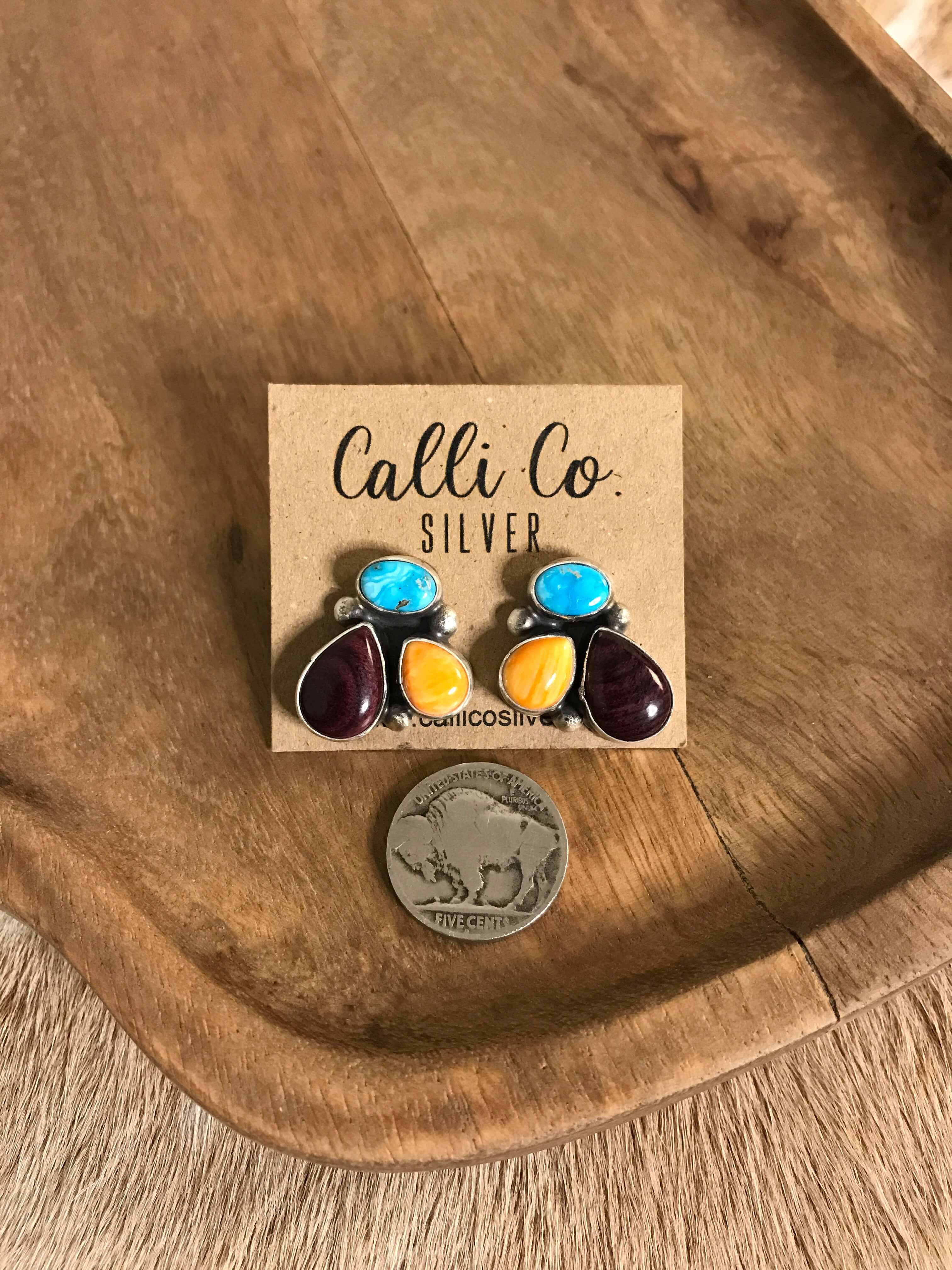 The Tempe Turquoise Cluster Earrings, 1-Earrings-Calli Co., Turquoise and Silver Jewelry, Native American Handmade, Zuni Tribe, Navajo Tribe, Brock Texas