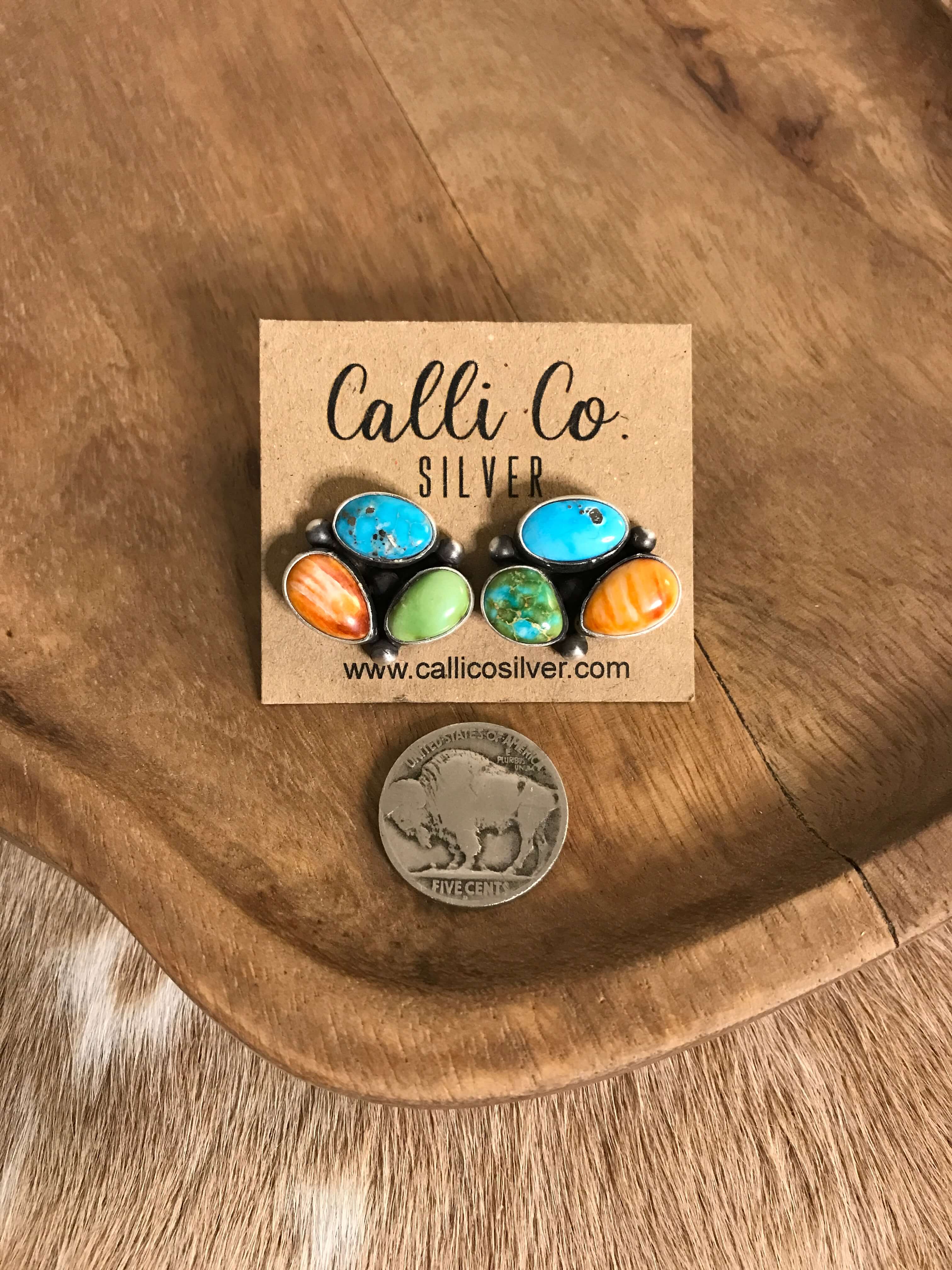 The Tempe Turquoise Cluster Earrings, 8-Earrings-Calli Co., Turquoise and Silver Jewelry, Native American Handmade, Zuni Tribe, Navajo Tribe, Brock Texas