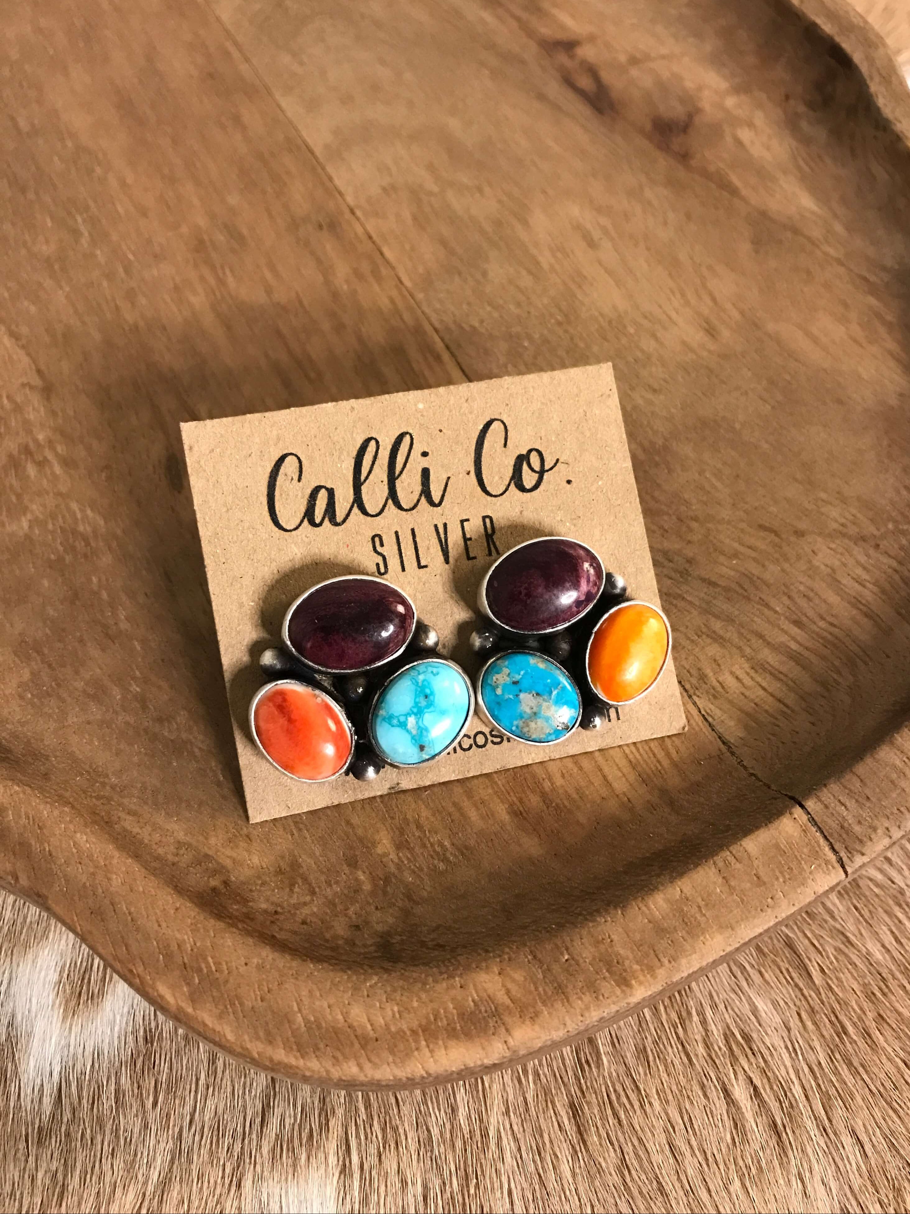 The Tempe Turquoise Cluster Earrings, 15-Earrings-Calli Co., Turquoise and Silver Jewelry, Native American Handmade, Zuni Tribe, Navajo Tribe, Brock Texas