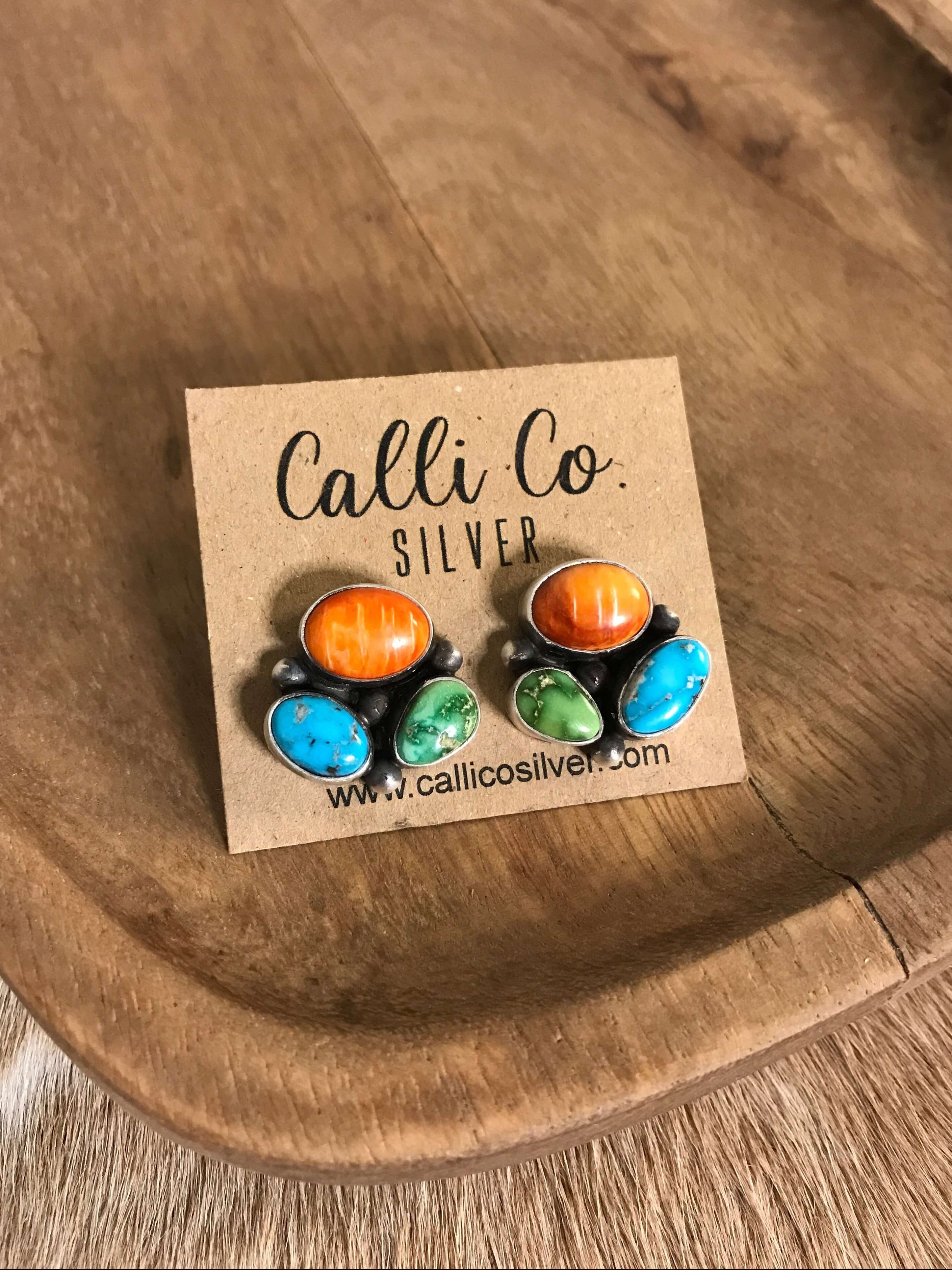 The Tempe Turquoise Cluster Earrings, 16-Earrings-Calli Co., Turquoise and Silver Jewelry, Native American Handmade, Zuni Tribe, Navajo Tribe, Brock Texas