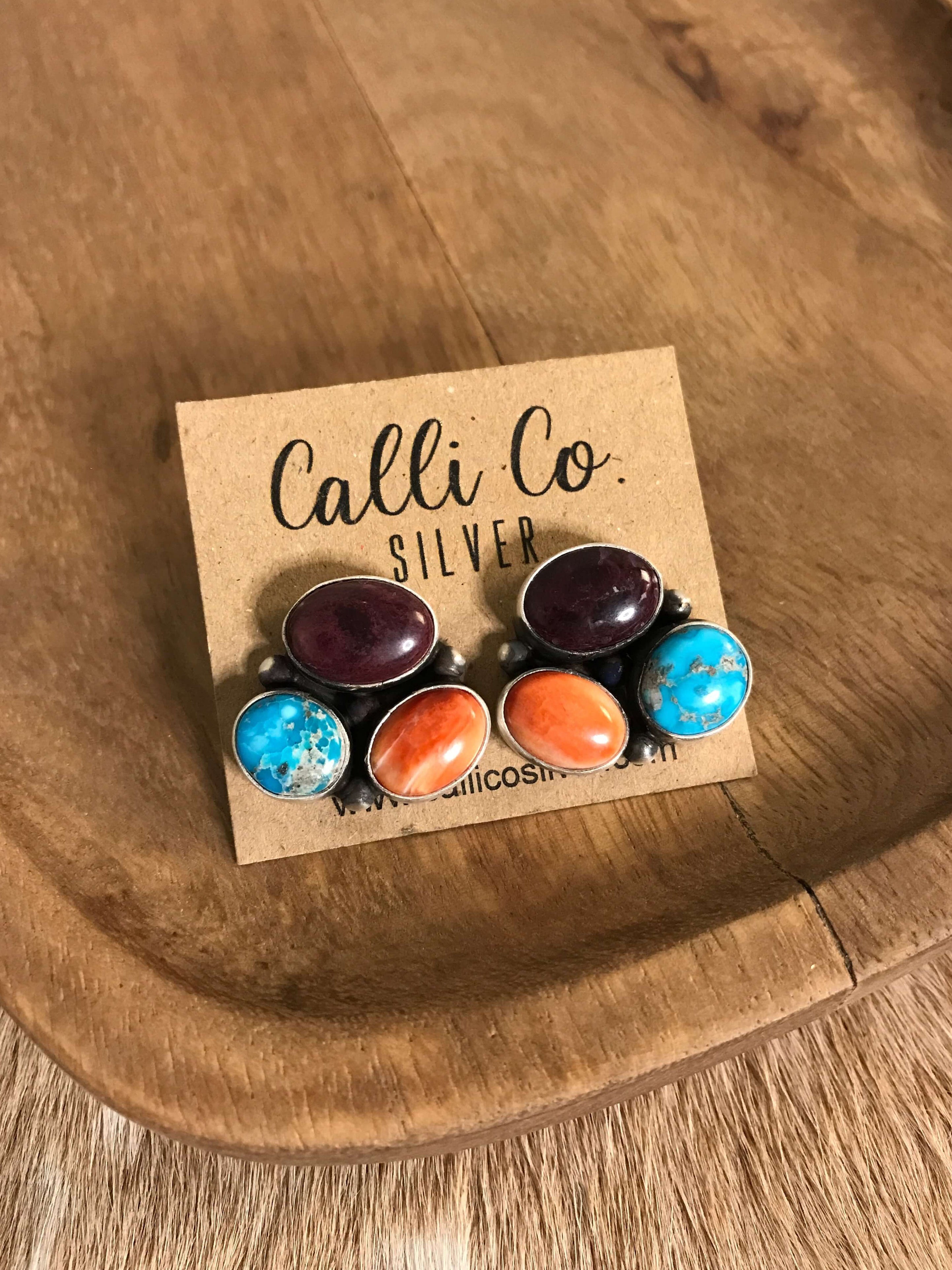 The Tempe Turquoise Cluster Earrings, 11-Earrings-Calli Co., Turquoise and Silver Jewelry, Native American Handmade, Zuni Tribe, Navajo Tribe, Brock Texas