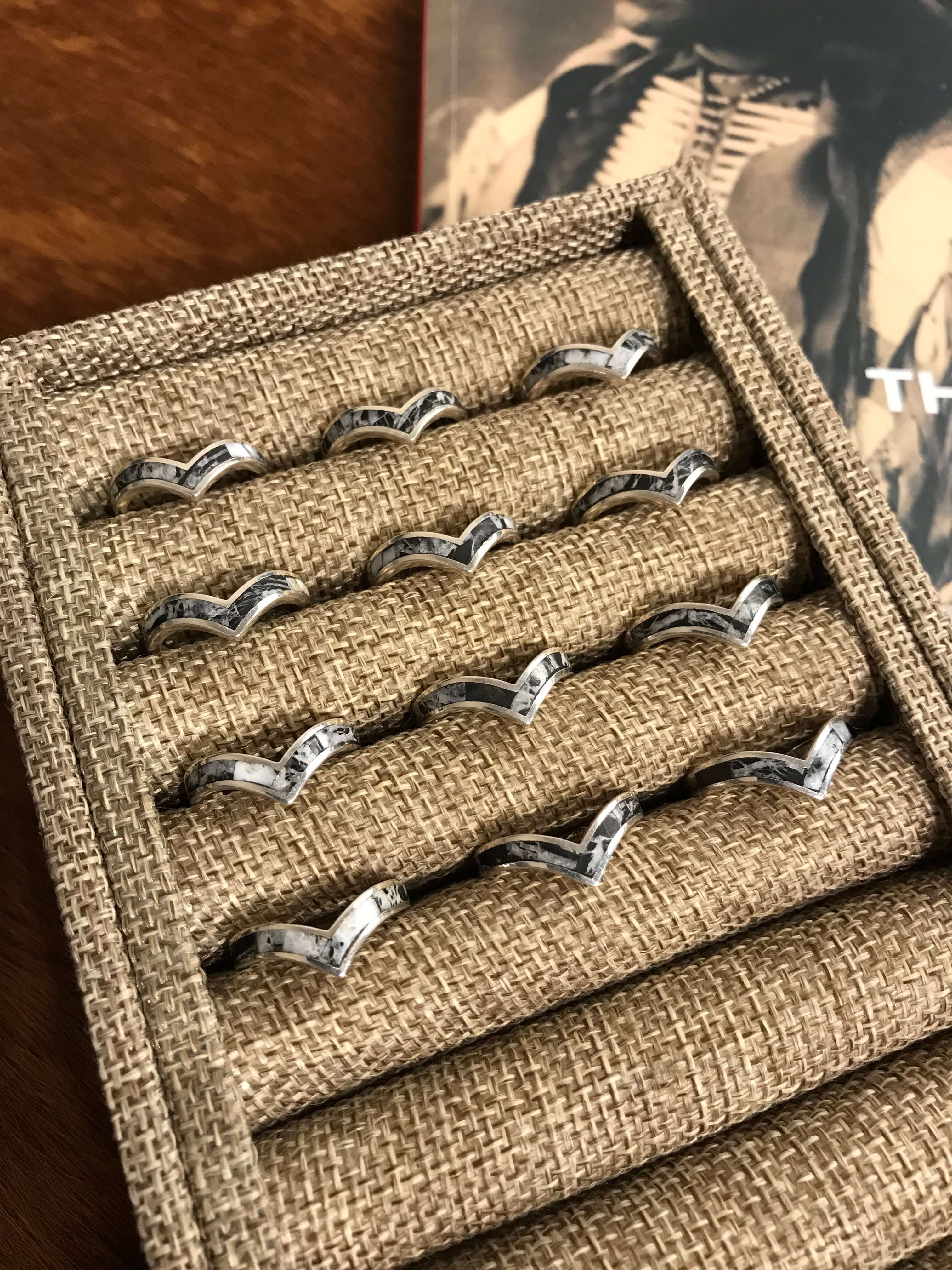 The Inlay Collection Chevron White Buffalo Band-Rings-Calli Co., Turquoise and Silver Jewelry, Native American Handmade, Zuni Tribe, Navajo Tribe, Brock Texas