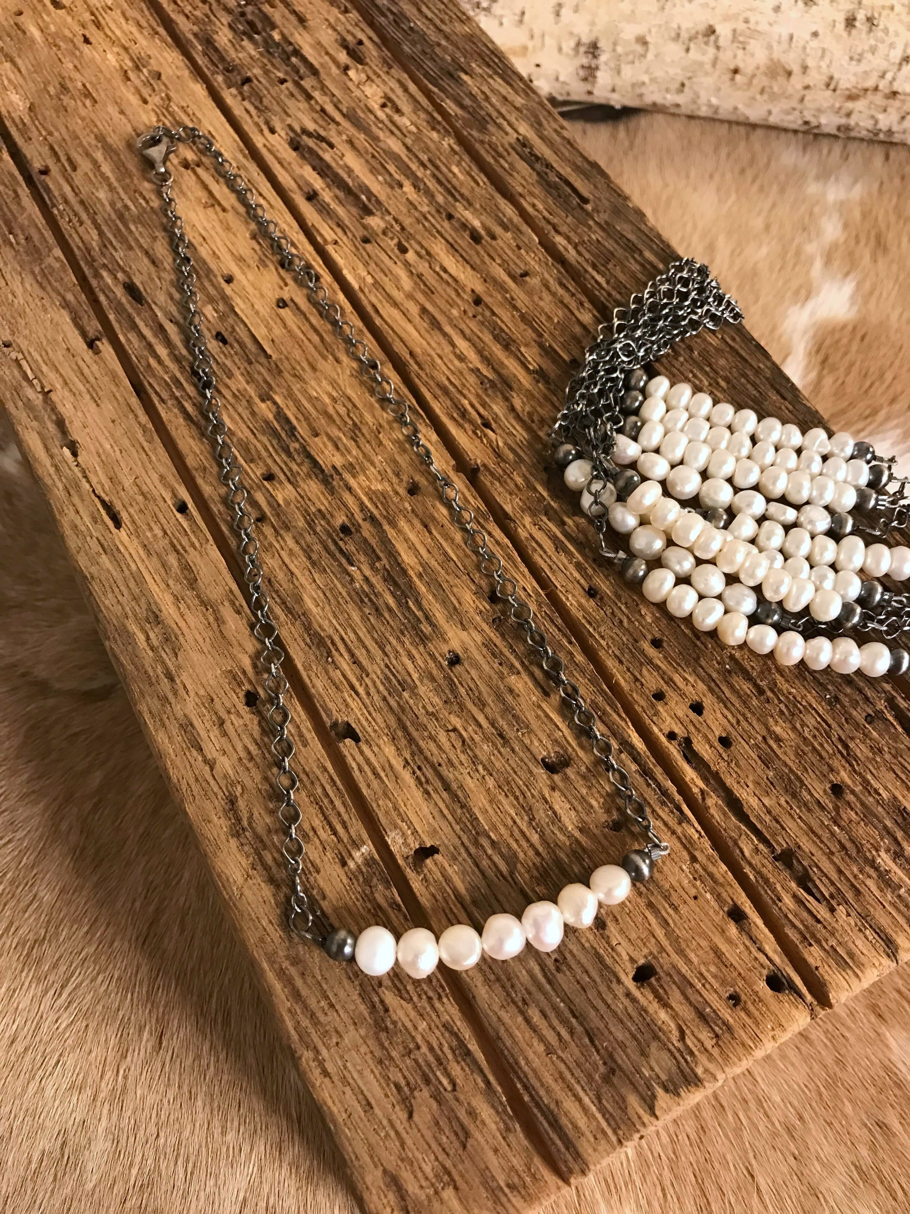 The Conroe Necklaces in Freshwater Pearl-Necklaces-Calli Co., Turquoise and Silver Jewelry, Native American Handmade, Zuni Tribe, Navajo Tribe, Brock Texas