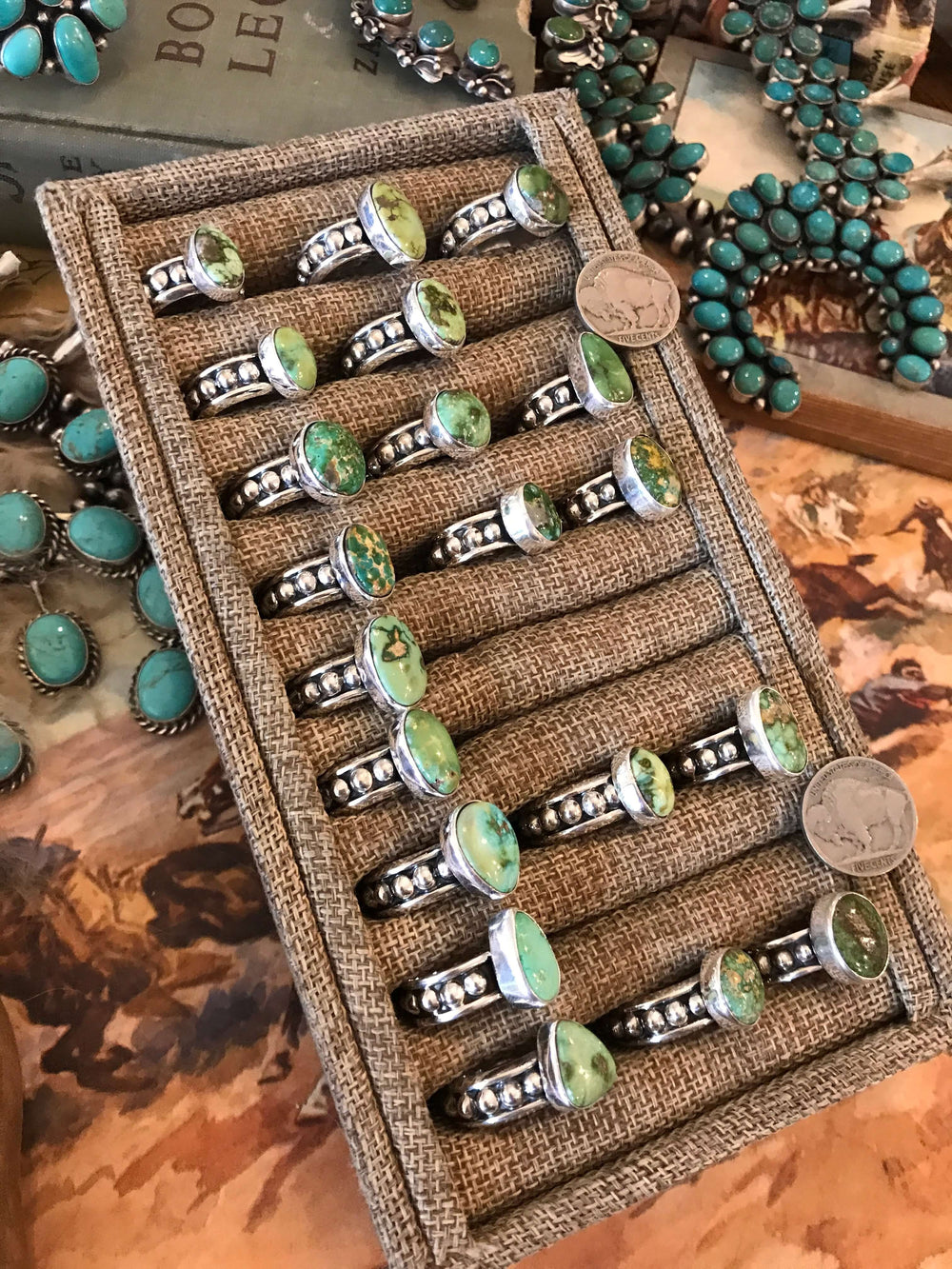 The Zinnia Rings in Green Turquoise-Rings-Calli Co., Turquoise and Silver Jewelry, Native American Handmade, Zuni Tribe, Navajo Tribe, Brock Texas