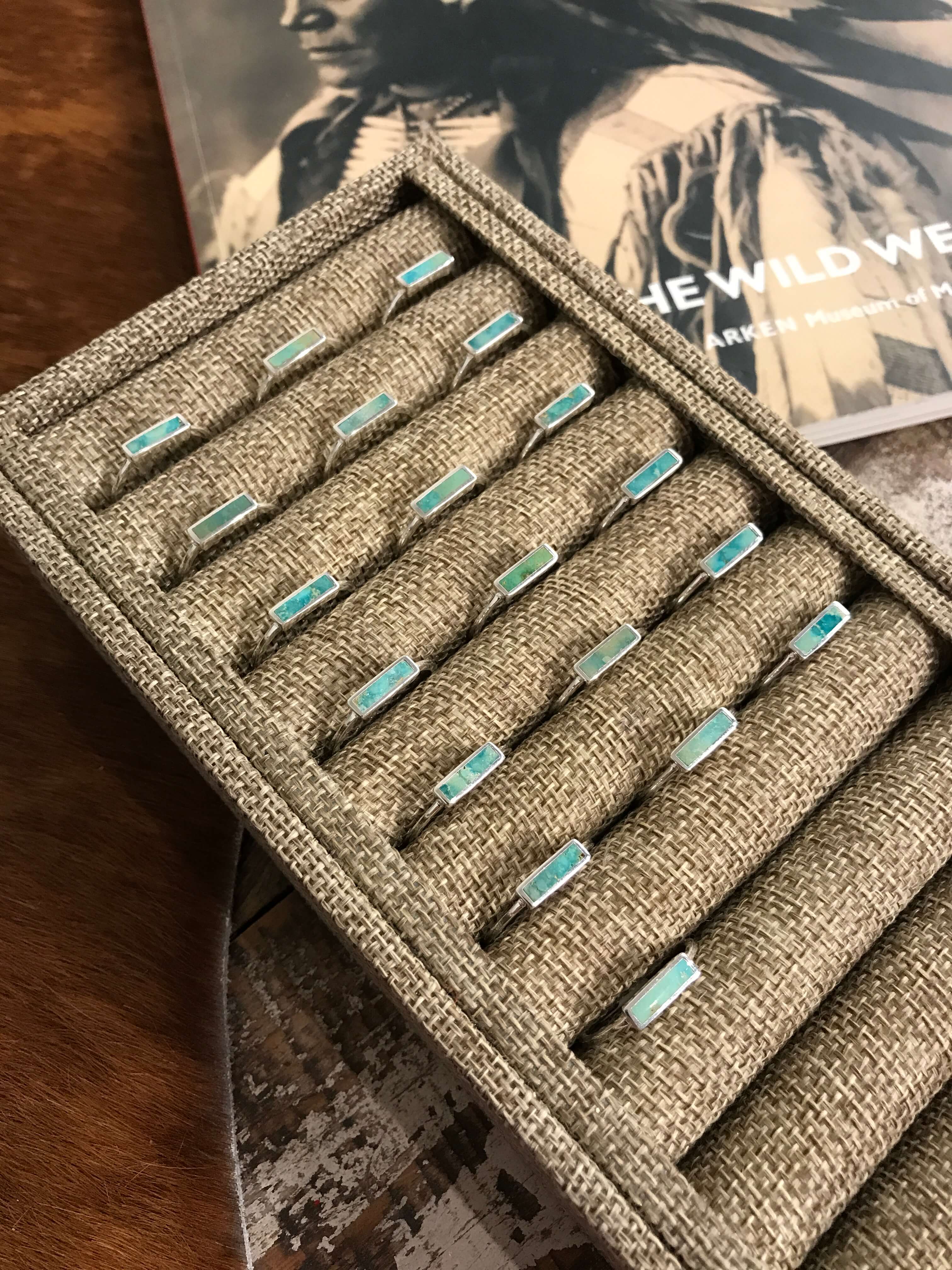 The Inlay Collection Rectangle Turquoise Band-Rings-Calli Co., Turquoise and Silver Jewelry, Native American Handmade, Zuni Tribe, Navajo Tribe, Brock Texas