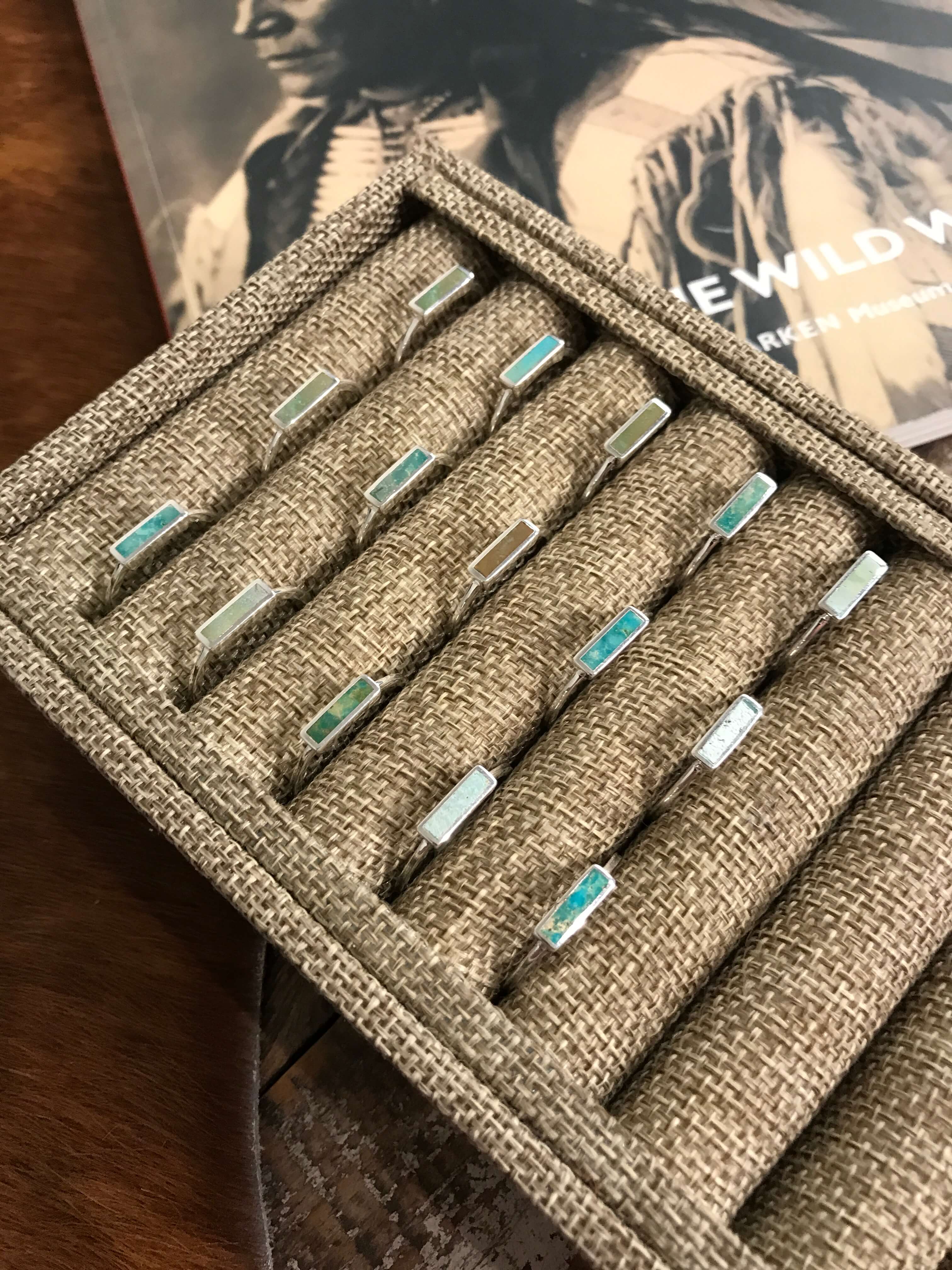 The Inlay Collection Rectangle Turquoise Band-Rings-Calli Co., Turquoise and Silver Jewelry, Native American Handmade, Zuni Tribe, Navajo Tribe, Brock Texas