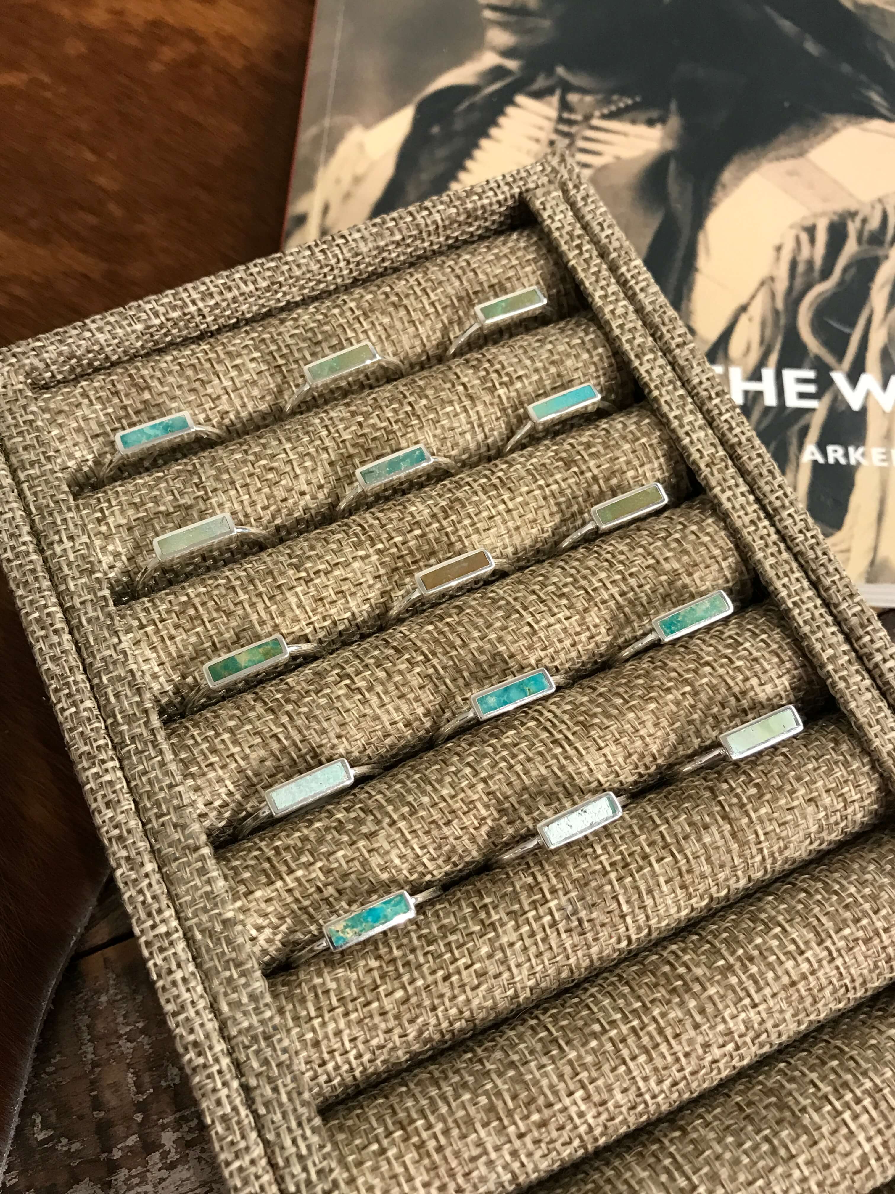 The Inlay Collection Rectangle Turquoise Band-Rings-Calli Co., Turquoise and Silver Jewelry, Native American Handmade, Zuni Tribe, Navajo Tribe, Brock Texas