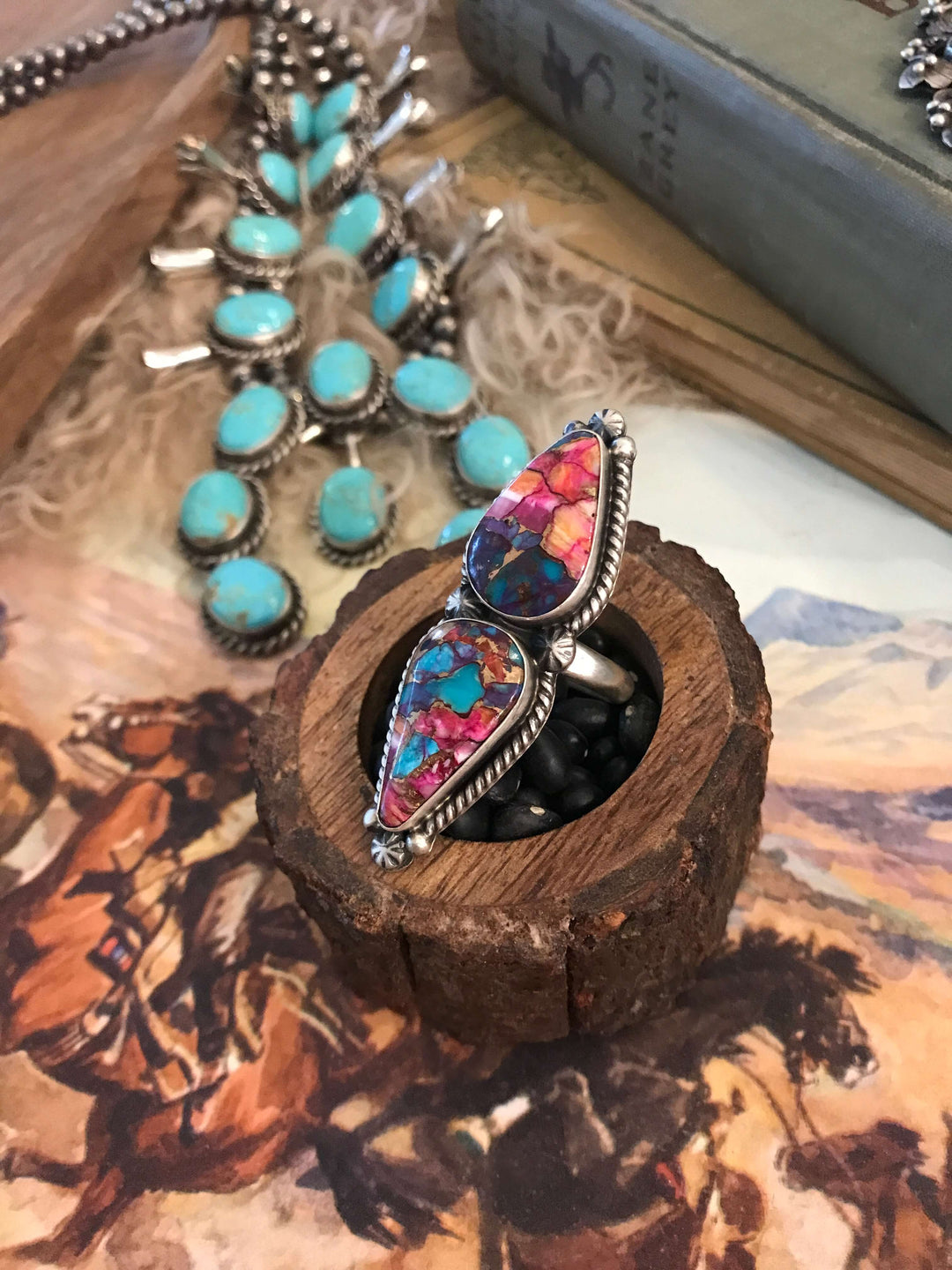 The Double Stone Adjustable Ring, 7-Rings-Calli Co., Turquoise and Silver Jewelry, Native American Handmade, Zuni Tribe, Navajo Tribe, Brock Texas