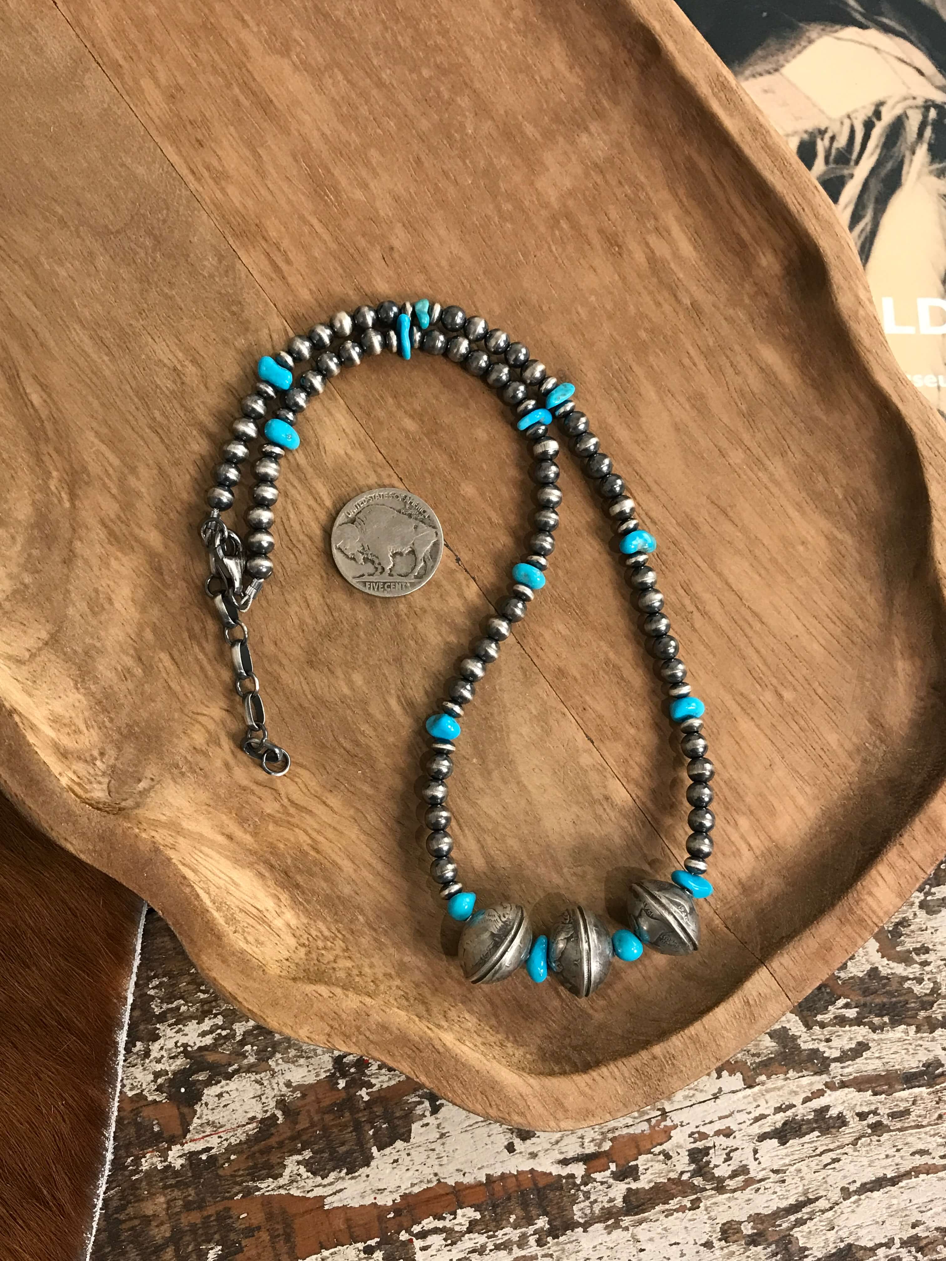 The Turquoise Nugget Dime Necklace-Necklaces-Calli Co., Turquoise and Silver Jewelry, Native American Handmade, Zuni Tribe, Navajo Tribe, Brock Texas