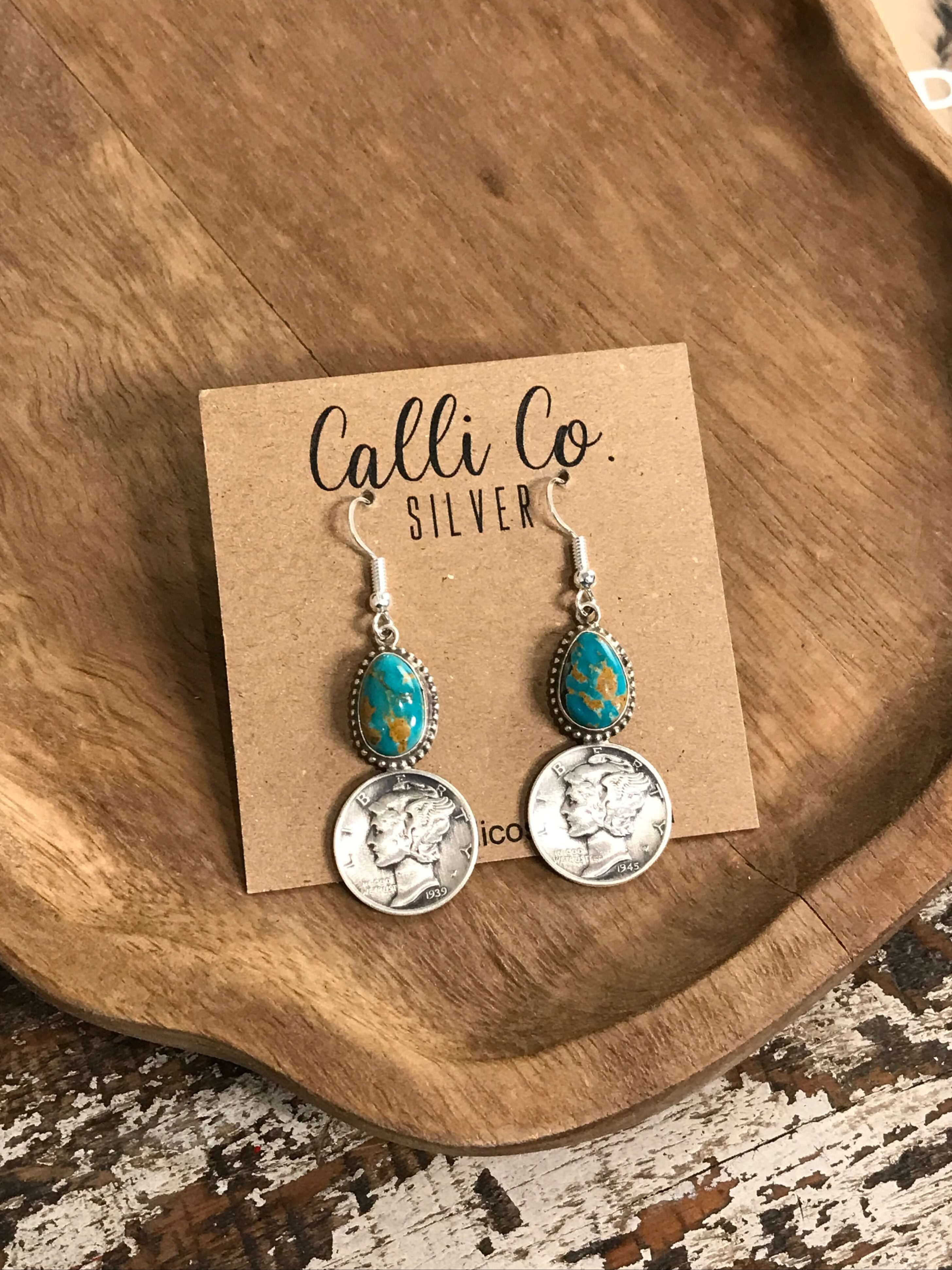 The Mercury Dime Earrings, 2-Earrings-Calli Co., Turquoise and Silver Jewelry, Native American Handmade, Zuni Tribe, Navajo Tribe, Brock Texas