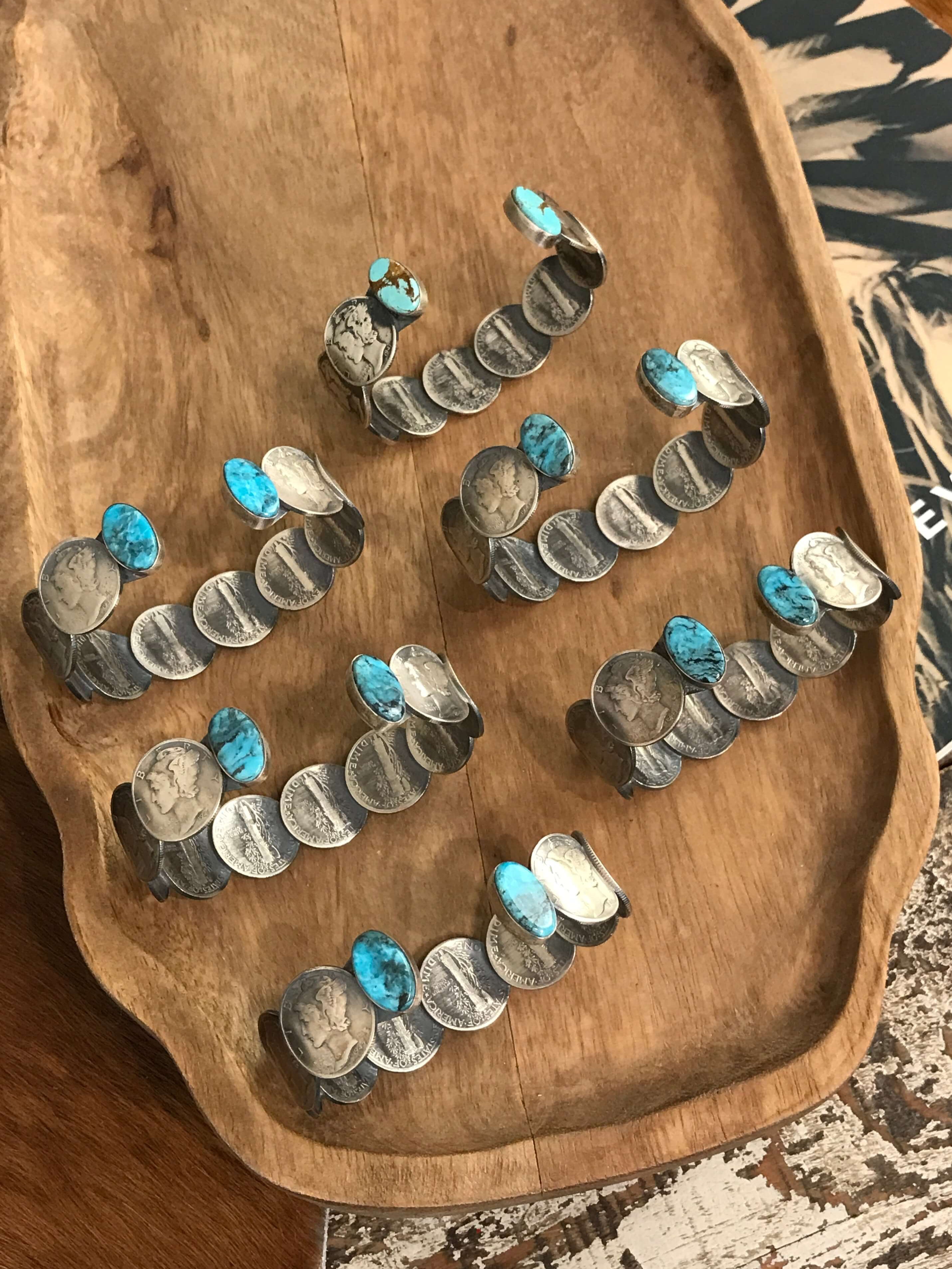 The Blue Wisteria Coin Cuffs-Bracelets & Cuffs-Calli Co., Turquoise and Silver Jewelry, Native American Handmade, Zuni Tribe, Navajo Tribe, Brock Texas