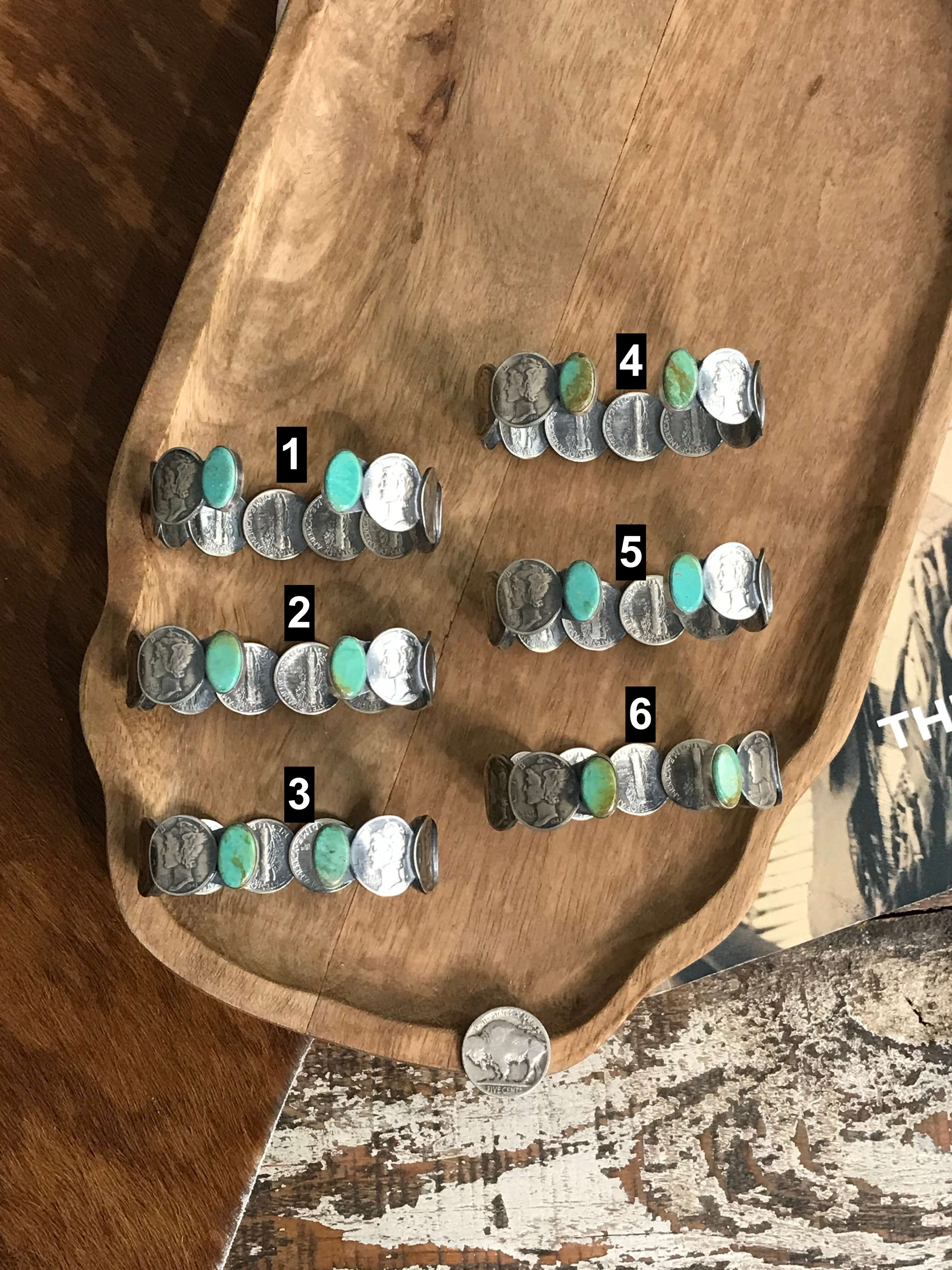 The Green Wisteria Coin Cuffs-Bracelets & Cuffs-Calli Co., Turquoise and Silver Jewelry, Native American Handmade, Zuni Tribe, Navajo Tribe, Brock Texas